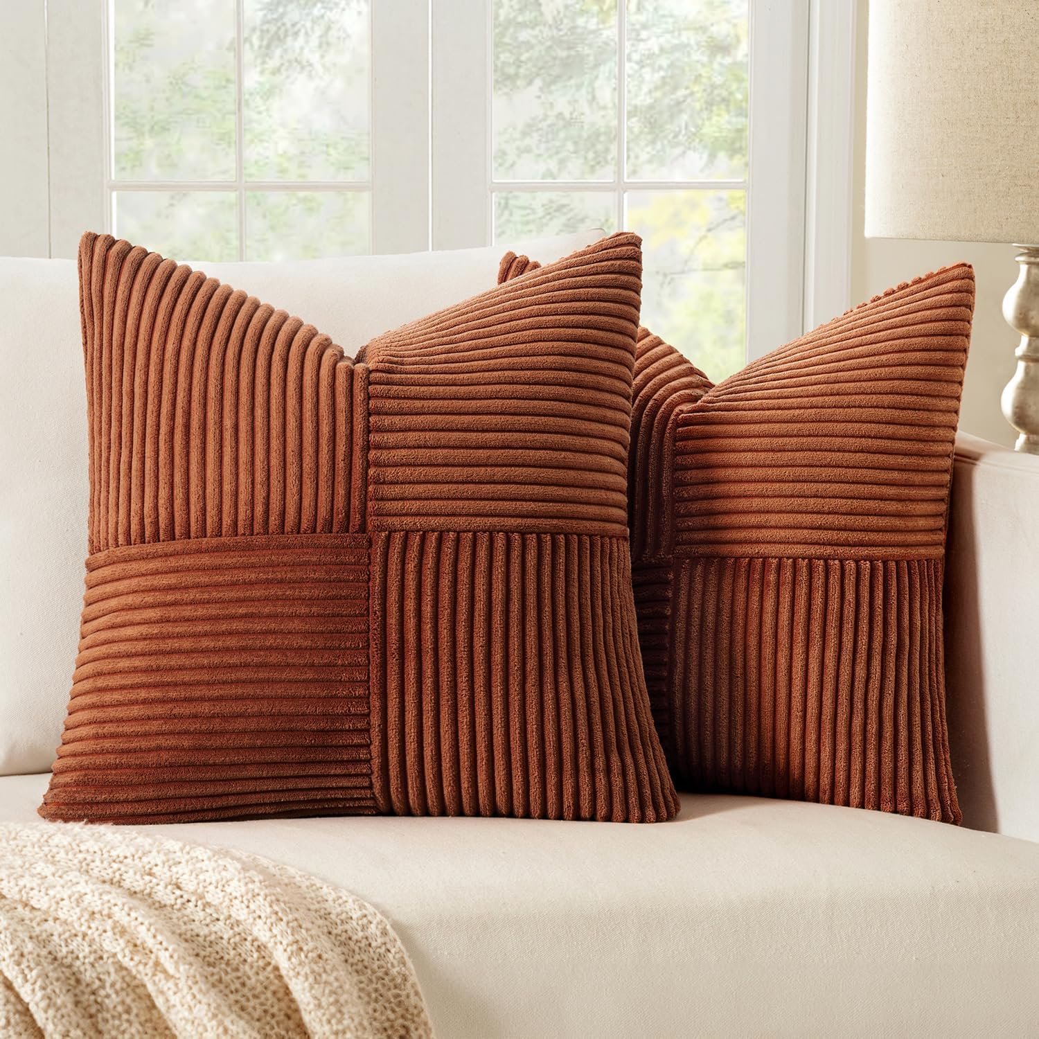 MIULEE Dark Rust Decorative Throw Pillow Covers 20x20 Inch for Couch Bed Sofa Pack of 2 Terracotta Boho Farmhouse Throw Pillows Fall Soft Cross Corduroy Patchwork Textured Cushion Cases