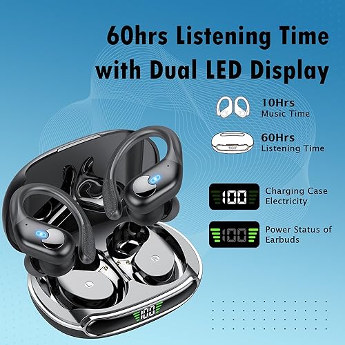 Miniatura 3 de Auriculares inalámbricos V5.3 Bluetooth con cancelación de ruido sobre la oreja con pantalla LED de 60 horas de reproducción, IPX7 impermeable Hi-Fi