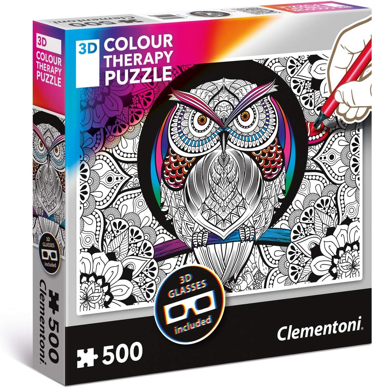 Clementoni - 35050-3D Colour Therapy Puzzle - Owl - 500 Pieces