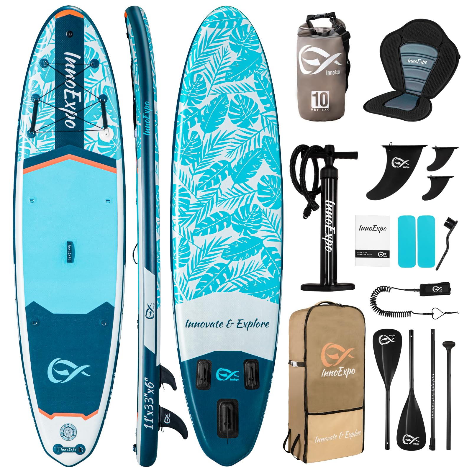 InnoExpo 11' Inflatable Stand Up Paddle Boards with Premium Accessories, Wide Stable SUP Paddle Board Design, Non-Slip Comfort Deck for Youth & Adults