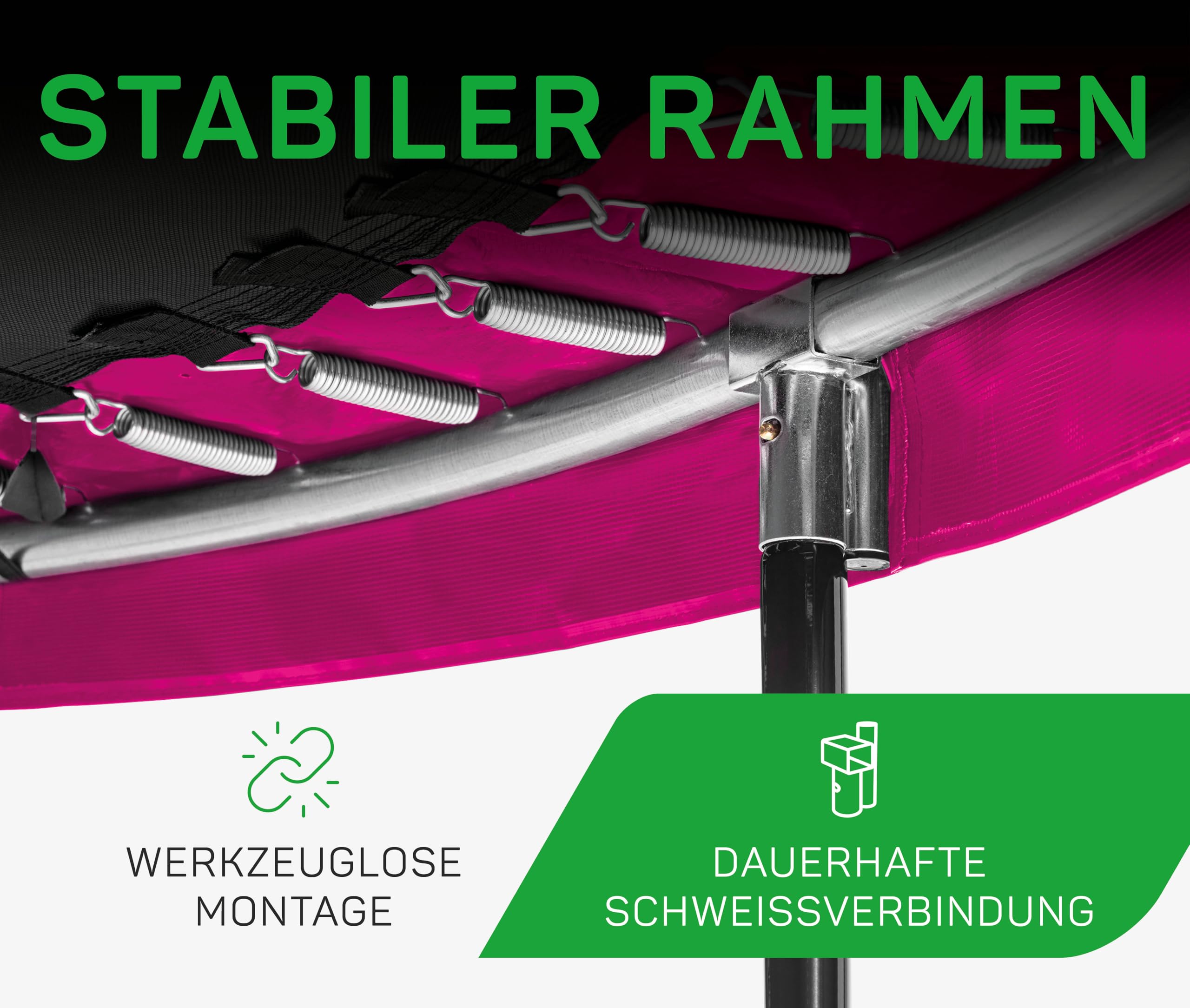 Salta Comfort Edition – ⌀183/213/251/305/366/396/427cm - TÜV geprüft – Schwarz/Grün/Pink - rundes Outdoor Trampolin, Gartentrampolin - Set mit Sprungmatte, Sicherheitsnetz, Federn, Randabdeckung