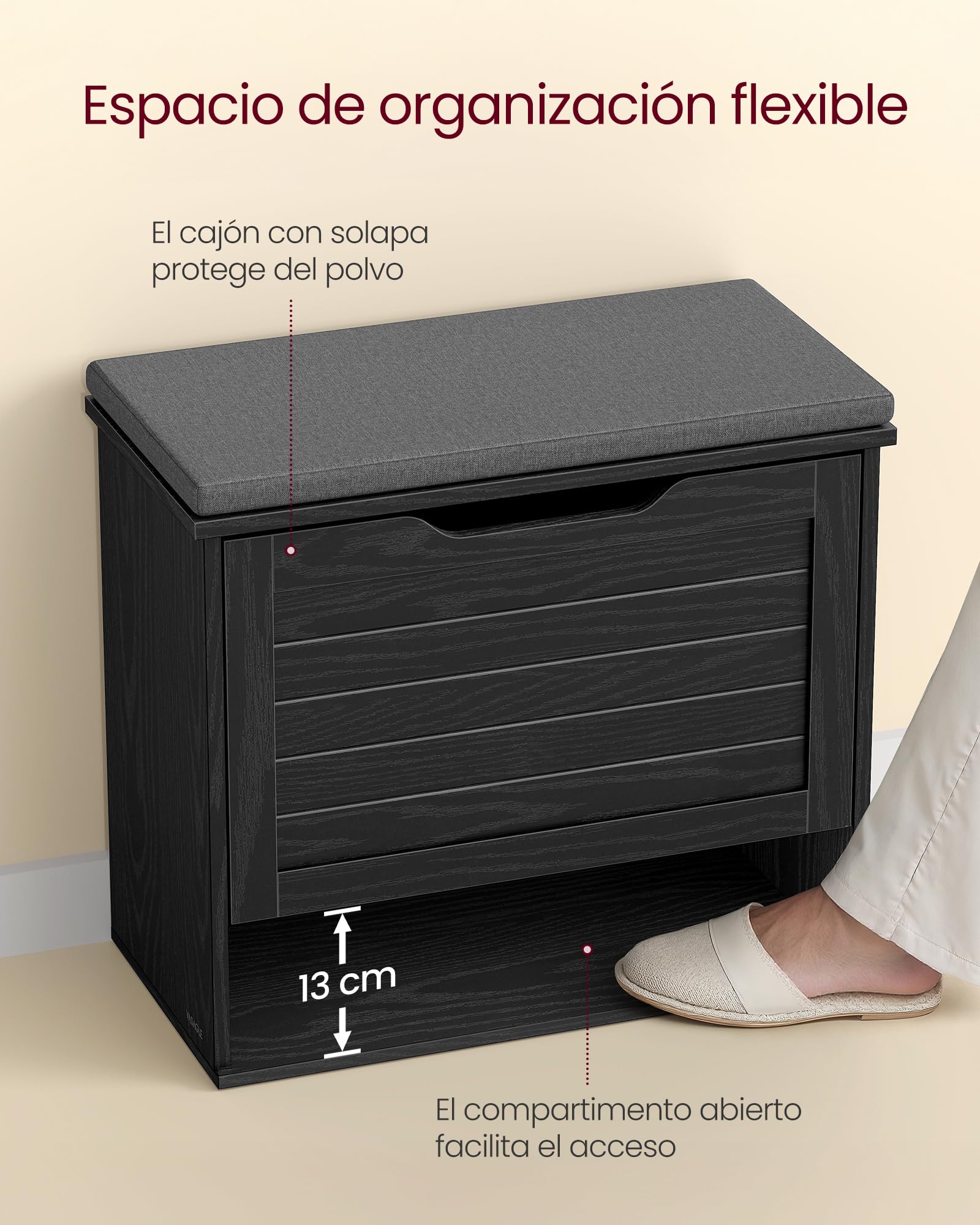 VASAGLE Banco Zapatero Acolchado, Mueble de Recibidor de 3 Niveles para 6 Pares de Zapatos, Cajón Abatible, 30 x 60 x 53,5 cm, para Entrada, Dormitorio, Negro Ébano y Gris Pizarra LSB121BE01