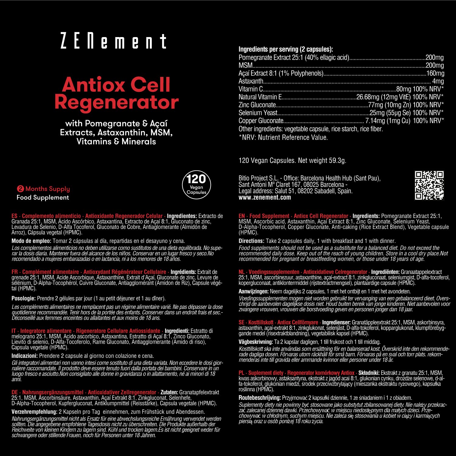 Antiossidante Rigeneratore Cellulare, Anti-invecchiamento, con melograno, Açaí, Astaxantina, MSM, Vitamine C ed E e Minerali (zinco, selenio e rame), 120 capsule | Zenement