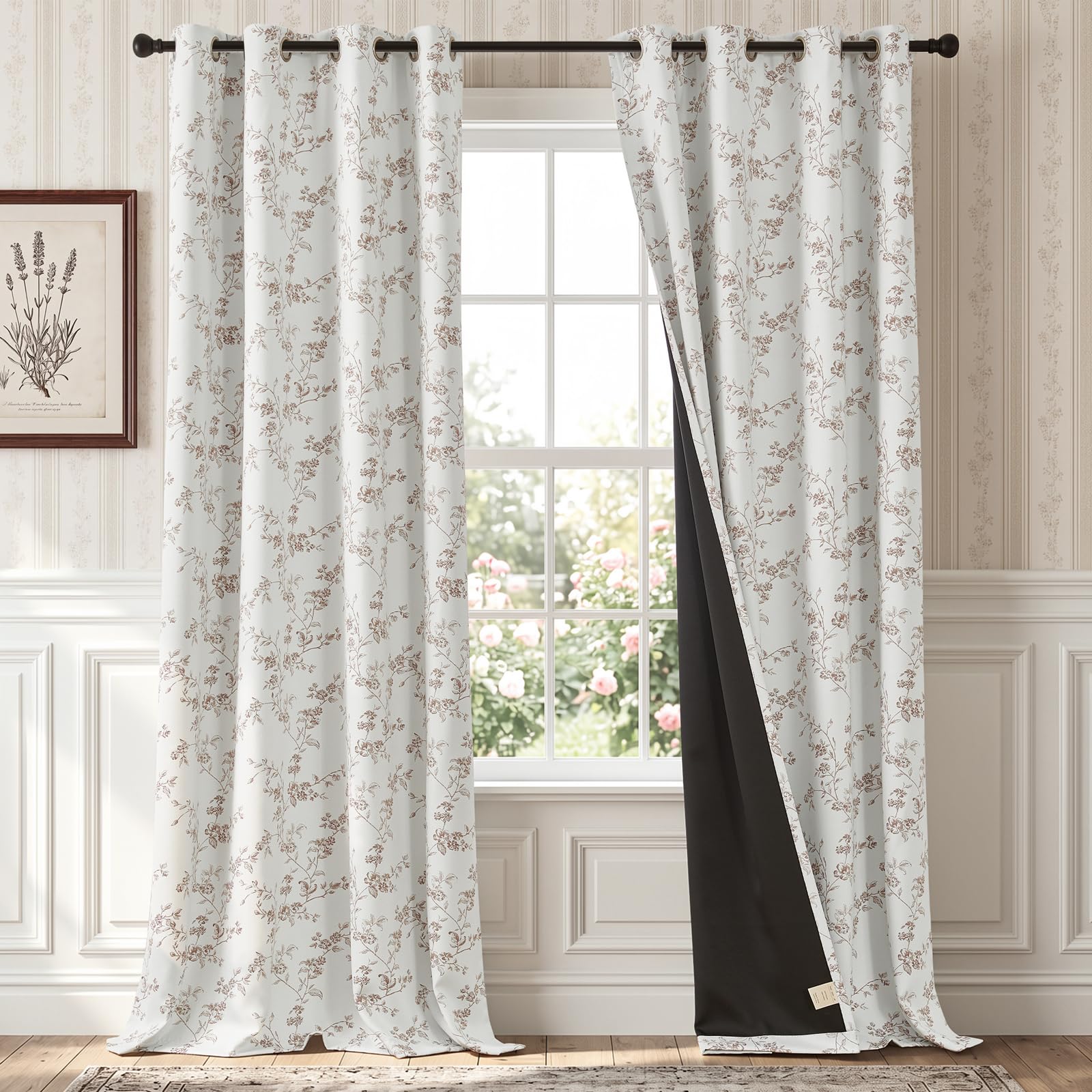 TOPICK 100% Blackout Floral Curtains W52xL90 for Bedroom Living Room, Taupe