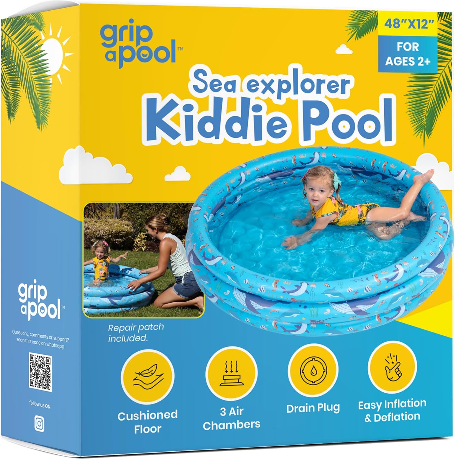 Inflatable Kiddie Pool for Toddlers, 48"X12" Round Plastic Blow Up Kids Swimming Pool, Outdoor Water Play, Ball Pit Toys for Kids Age 2 3 4 5, Summer Essential Baby Splash Pools with Cushioned Floor
