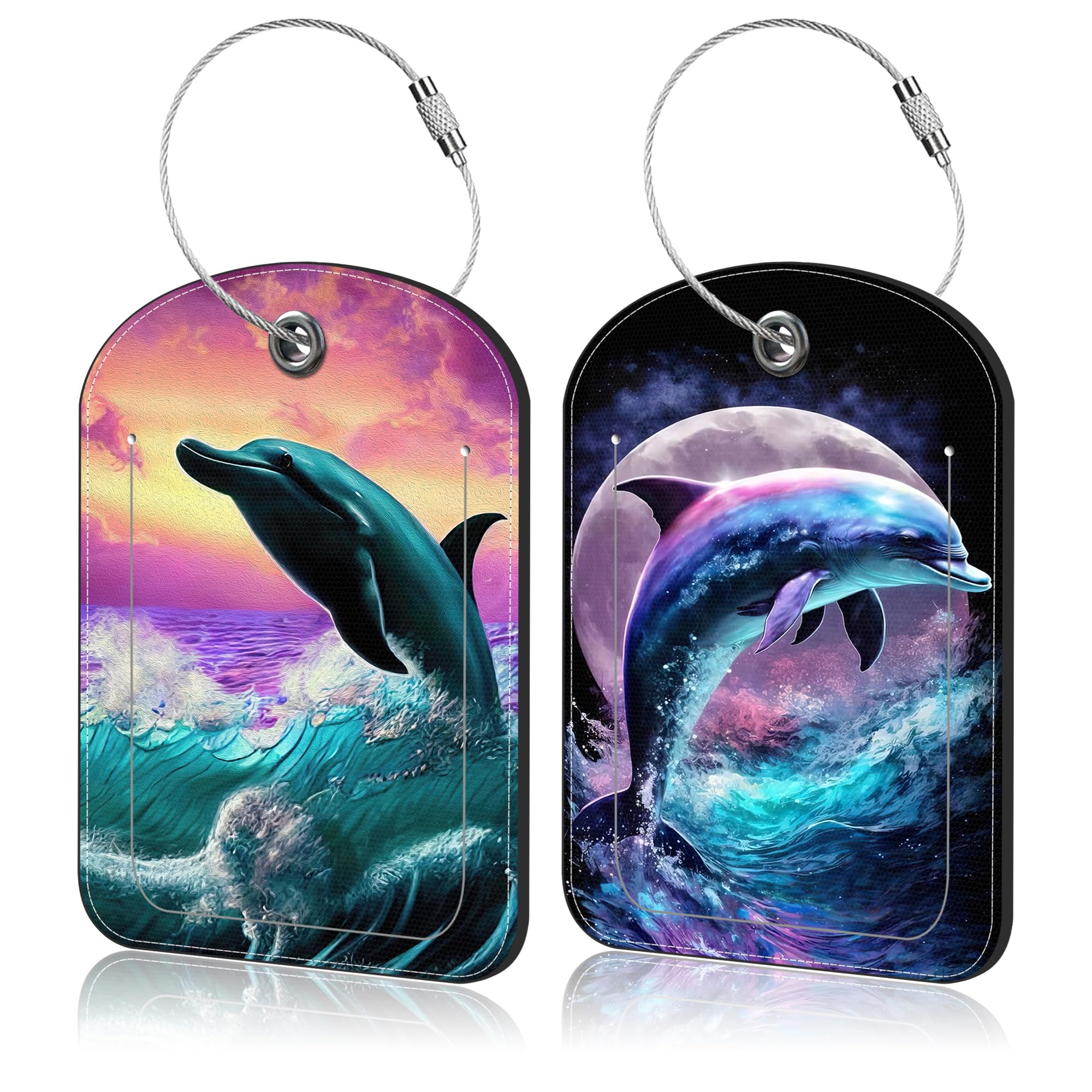 2 Pack Luggage Tag for Suitcase Jumping Dolphin Leather Suitcase Tags with Privacy Name ID Label and Stainless Steel Loop for Travel Bag