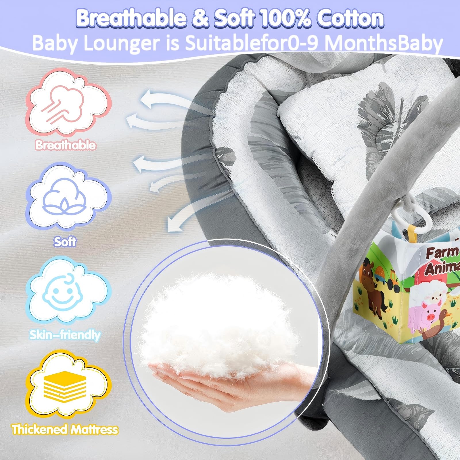 Babynest-Set mit Spielzeug, beaufsichtigter Baby-Schlafschale, weich und atmungsaktiv, 100 % Baumwolle, Schlafkopf-Baby, 76 cm x 53 cm, für 0–9 Monate. Unverzichtbares Geschenk für Neugeborene.
