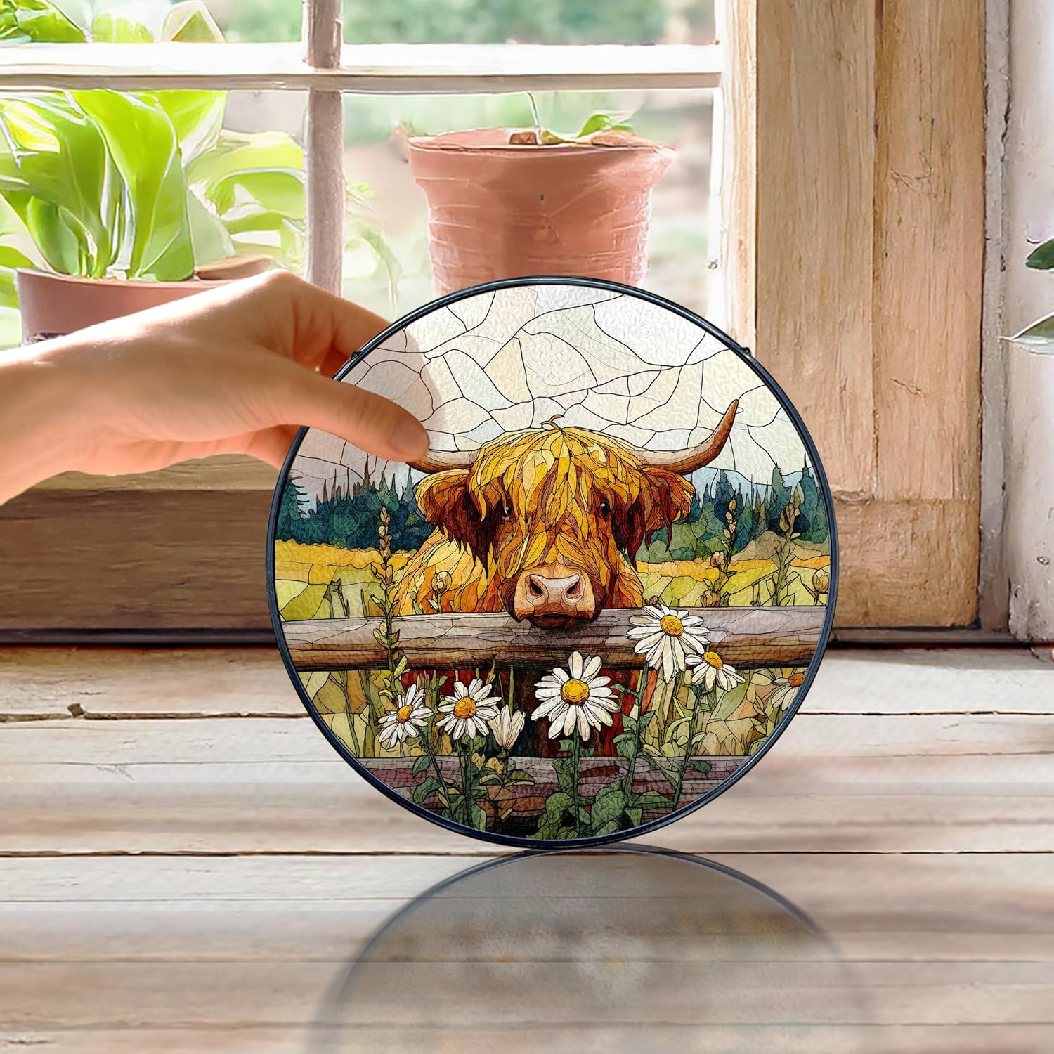 Highland Cow Stained Glass Window Hanging, Highland Cow Flower Suncatcher, Western Cattle Farm Animal Sun Catchers Indoor Window Round Glass Wall Art Hanging Decorations, 7.9x7.9in
