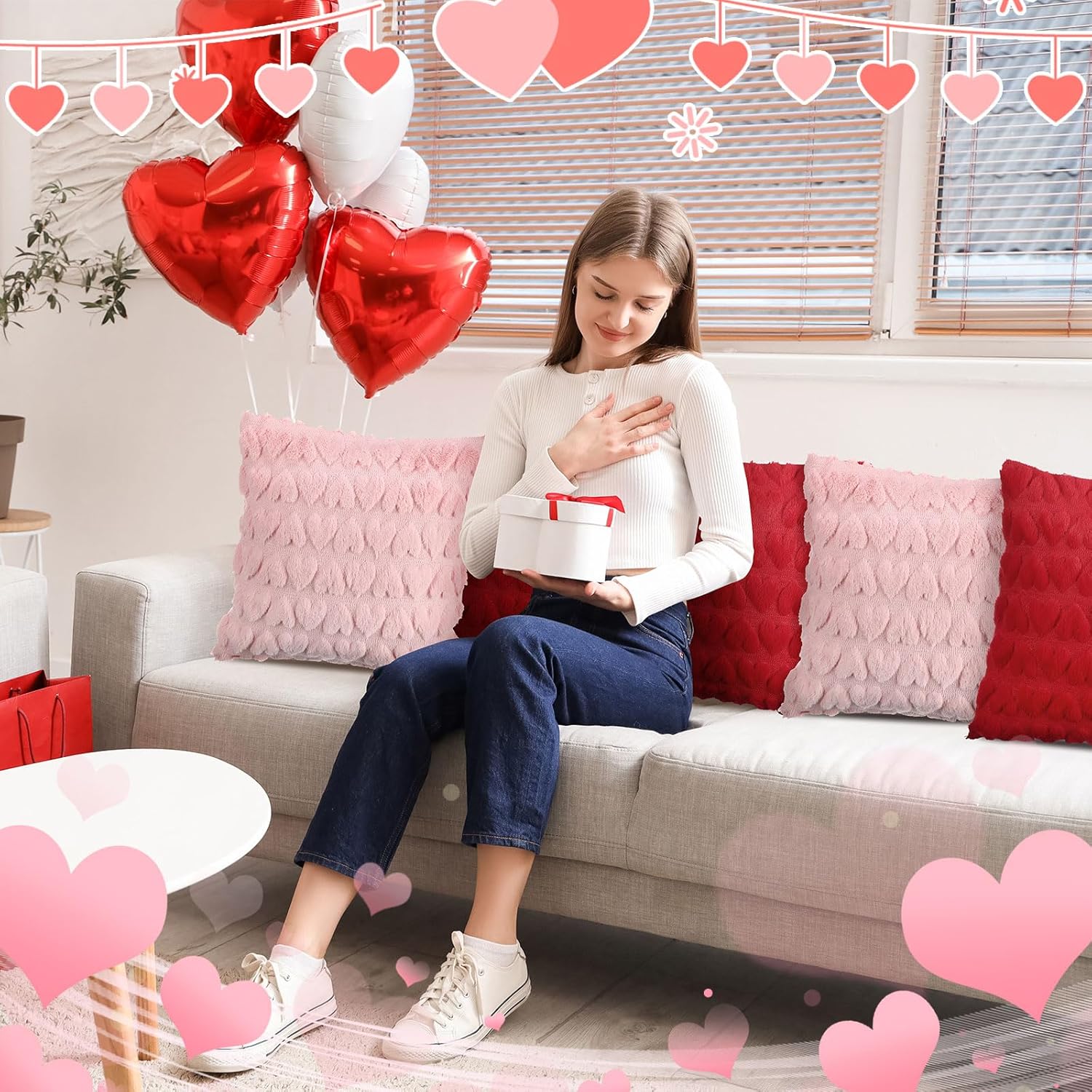 Mixweer 4 Pcs Valentine‘s Day Heart Throw Pillow Covers 18x18 Inches Plush Faux Fur Wool Pillow Covers for Couch Sofa Living Room Decor Couple Present Valentine Gift(Red,Pink)
