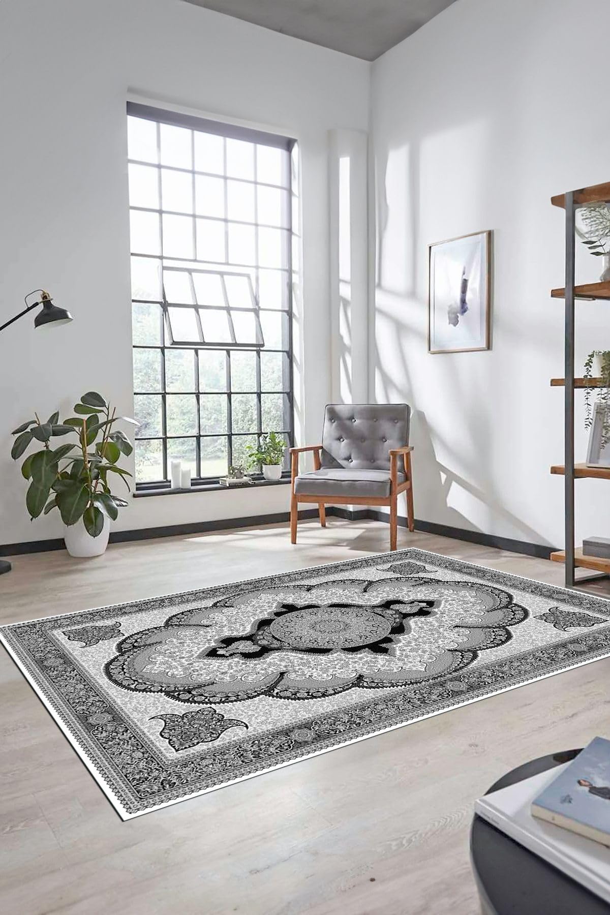 Evdeya Dijital Kaymaz Yıkanabilir Çerçeveli Göbekli Klasik Desen Salon Halısı KLASİK-02, Gri, 180 x 300