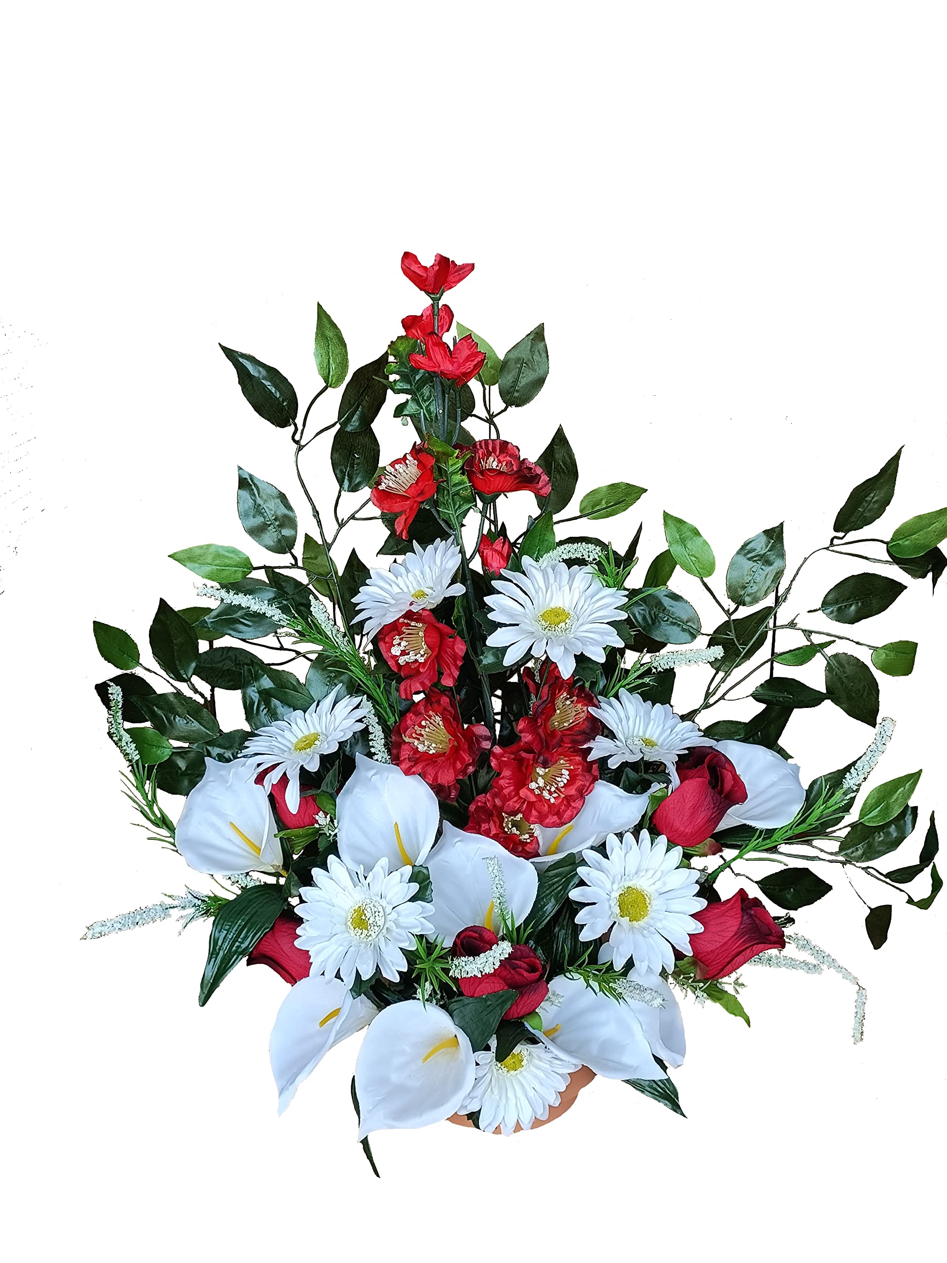 DRW Centro de Flores Artificiales Cementerio, Santos, Aniversarios Redondo Rojo y Blanco calas, Margaritas y capullos 50 cm x 60 cm Altura x 25 cm Profundidad