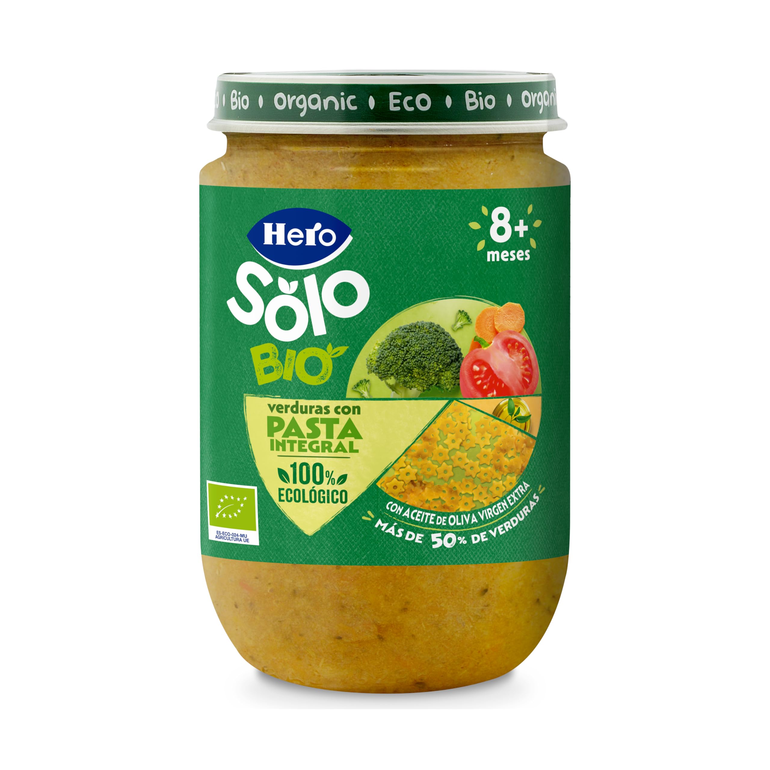 Hero Solo Potitos de Verduras con Pasta Integral 100% Eco y nada más, Apto para Veganos y Bebés Desde 6 Meses - Pack de 12 x 190 gr
