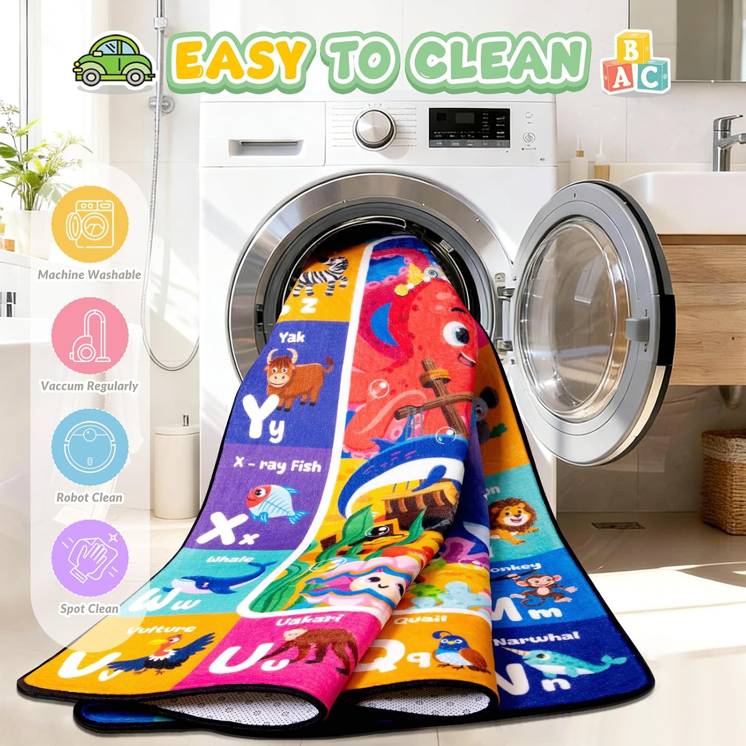 Kids Rug for Playroom, Sea Animal Play Rug, Educational Learning Play Mat, Soft Non-Slip Machine Washable ABC Alphabet Carpet for Bedroom Nursery Preschool Classroom