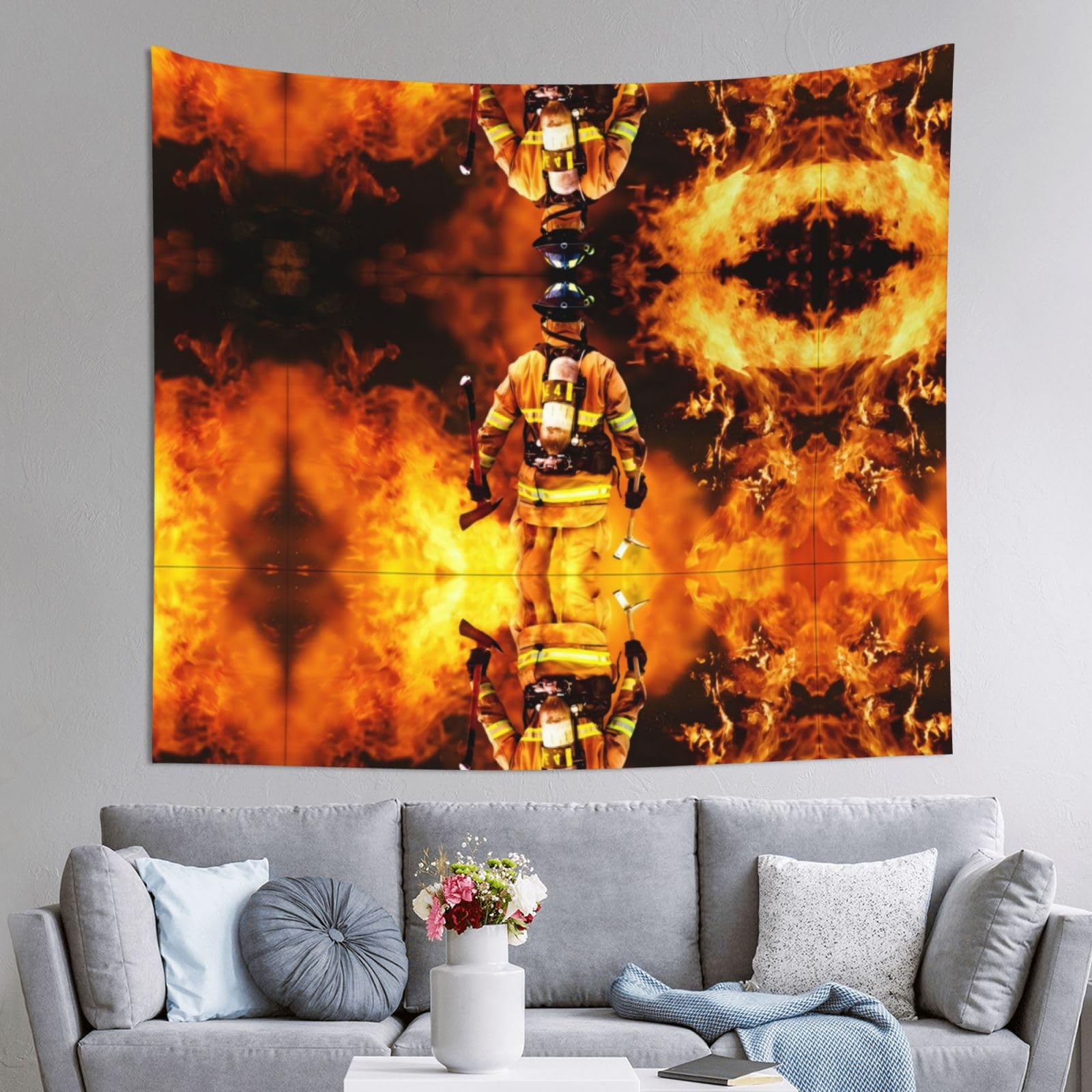 HLSBSSL 60x51in Firefighter Fireman Flame Printed Tapestry Tablecloth for Dormitory and Picnic Rooms - Multifunctional Fabric Hanging
