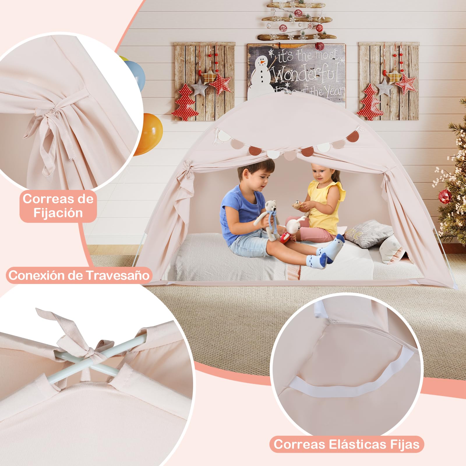 COSTWAY Tienda de Campaña Infantil, Casita Tela Infantil con 2 Ventanas y Banderas, Cabañas para Niños para Habitación Infantil, Tienda de Juego Interior para Niños de 3+ Años,201x100x122 cm (Beige)