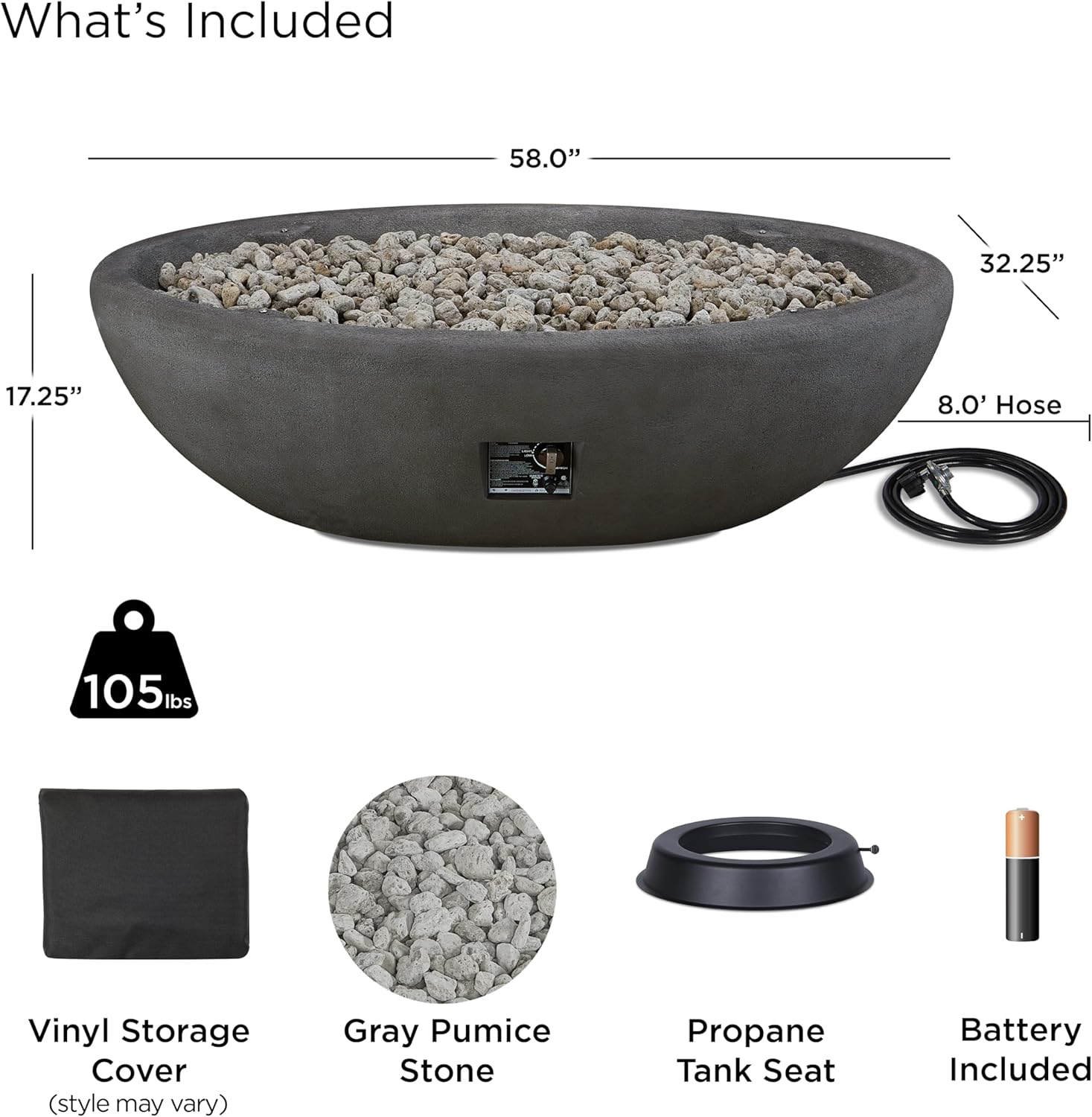 Diagram showing all included components: fire pit bowl, 105 lbs weight, vinyl storage cover, gray pumice stone, propane tank seat, and battery.