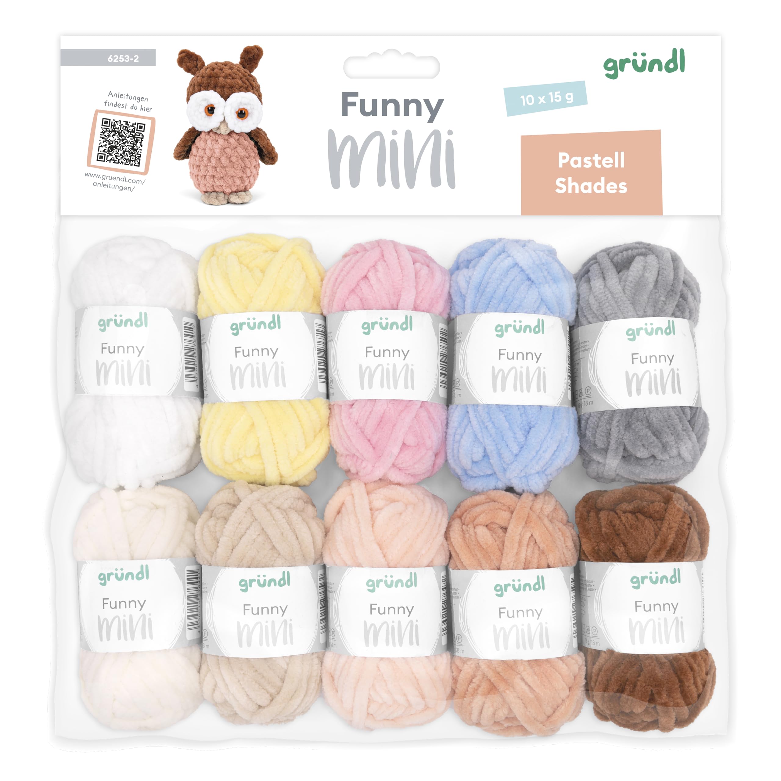 Gründl Wolle Funny Mini Shades - weiche Chenille Wolle zum Häkeln von kleinen Figuren - Kuschelig und hautfreundlich - 100% Polyester - 10 Miniknäuel 15 g / 18 m - Nadelstärke 5-6, Pastell