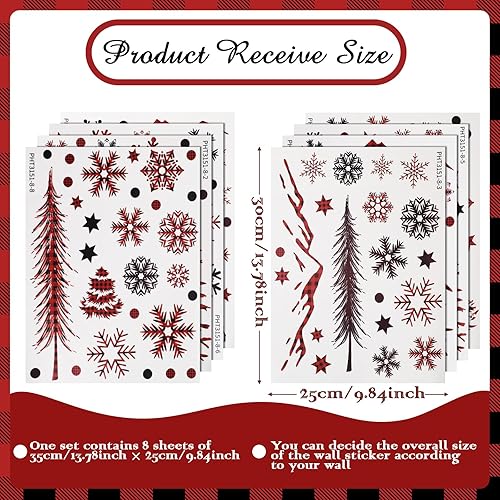 Miniatura 2 de Teling 8 calcomanías de pared de copo de nieve de invierno, decoración de invierno para habitación de niños (cuadros rojos y negros)
