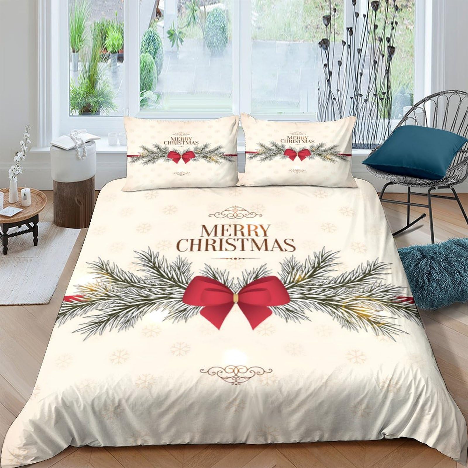 Ctjqhvkz Style-3 3D Printed Christmas Pine Fitted Sheet Microfiber Red Bow Bed Cover For Bedroom Guest Room Easy Care Single（135X200cm）