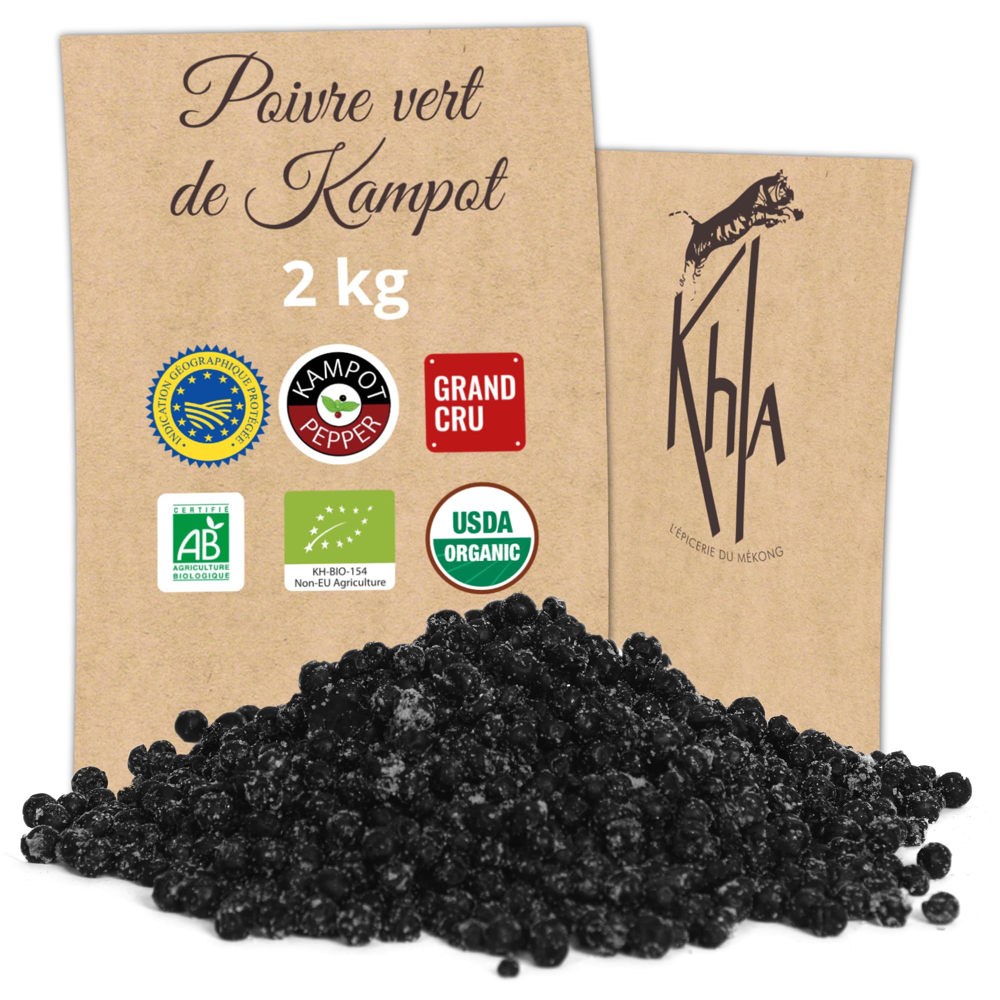 Khla - Poivre Vert Frais de Kampot Certifié Bio 2 kg - Sachet Poivre en Grains Biologique - Grand Cru, Aromatique & Végétal - Direct Producteur - Apéritif, Sauces - Origine Cambodge