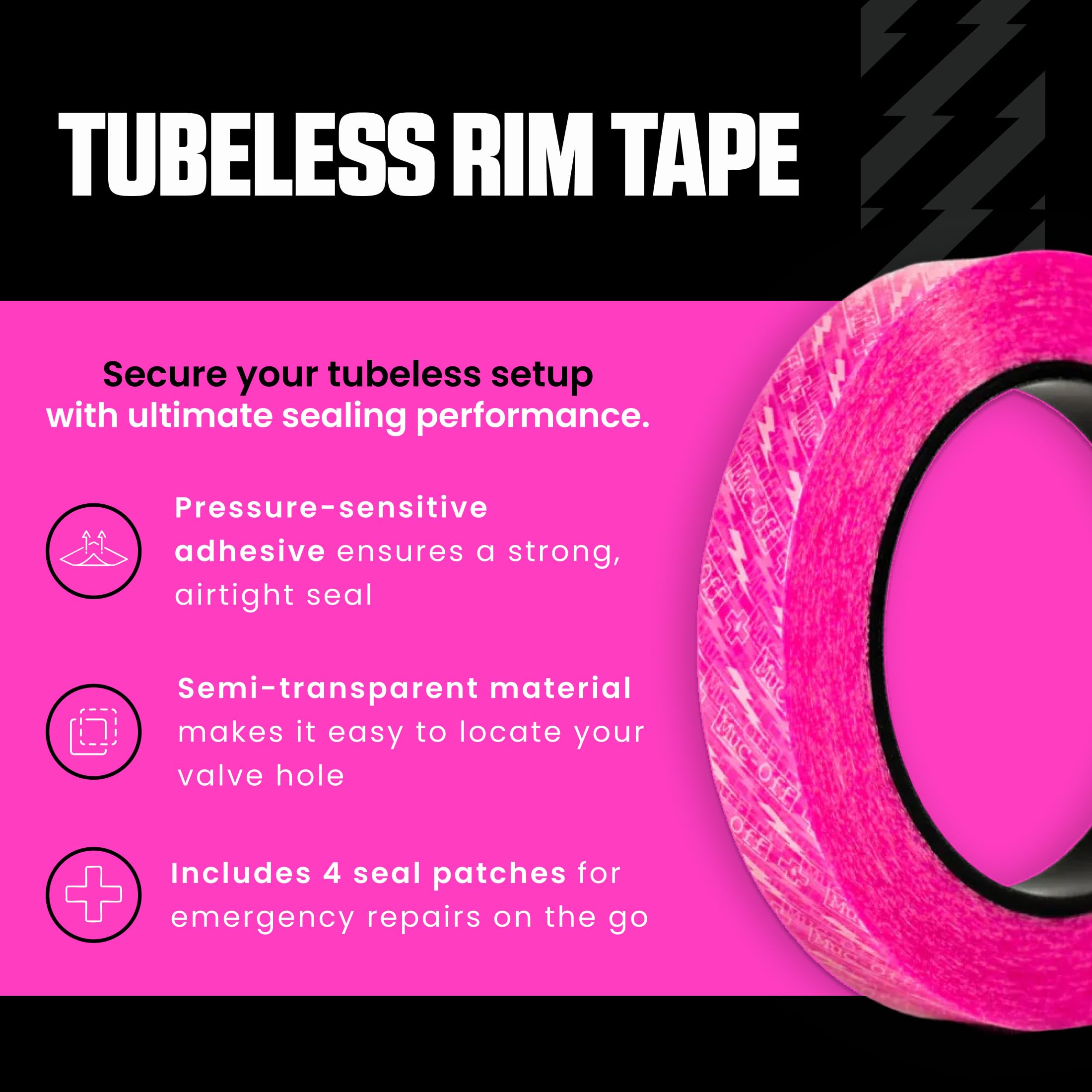 Muc Off Tubeless Felgenband, 25 mm - druckempfindliches Felgenband für Schlauchlose Fahrradreifen - 10-Meter-Rolle mit 4 Dichtungsflicken