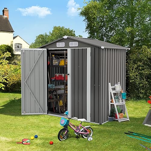 Miniatura 7 de Verano Garden Cobertizo de almacenamiento al aire libre de 6 x 4 pies, cobertizo de jardín de metal de acero galvanizado, doble puerta con