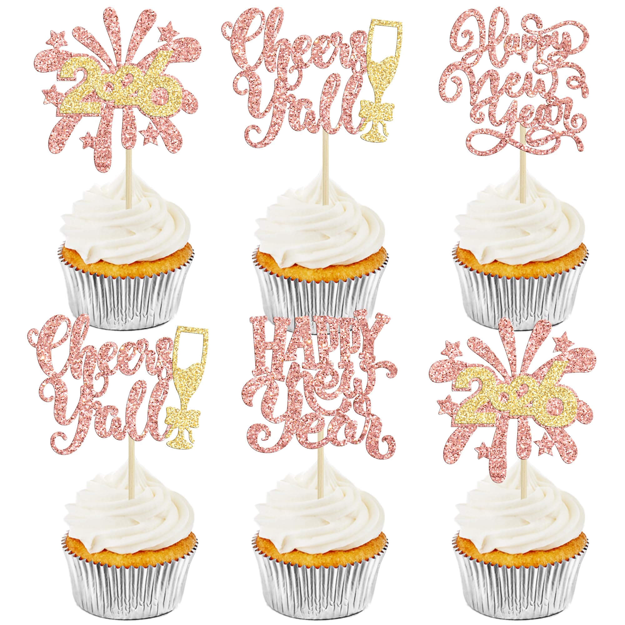 Ephlyn 24Pcs 2026 Happy New Year Cupcake Toppers Glitter Fireworks Clock Hello 2026 Cupcake Picks for Cheers to 2026 Happy New Year Theme Holiday Party Cake Decorations Supplies Rose Gold