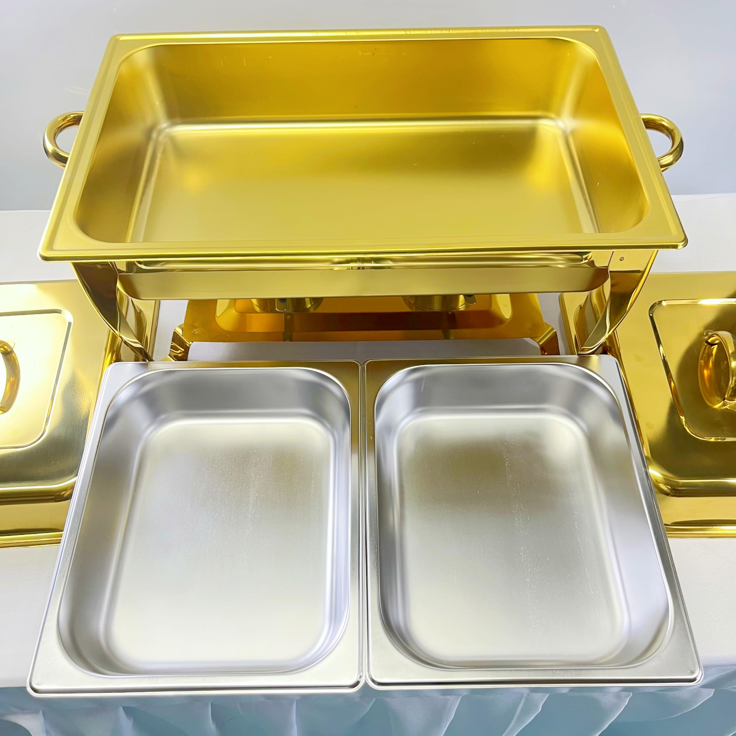 Golden Buffet - Juego de platos de acero inoxidable de 9 L con soporte para combustible y bandeja de agua, perfecto para banquetes, recepciones, bodas y eventos de catering