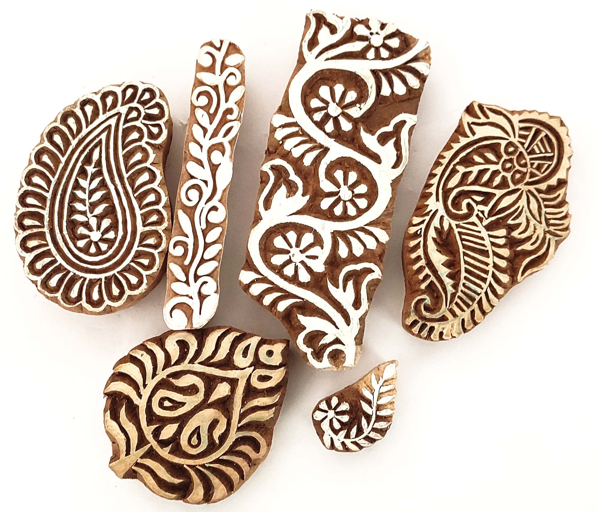 Sharvgun Combo de 6 sellos de flores bloques de impresión de madera, suministros de diseños de impresión de tela artesanal, sellos decorativos, mano de obra de arte curvo Mahndi sello de madera