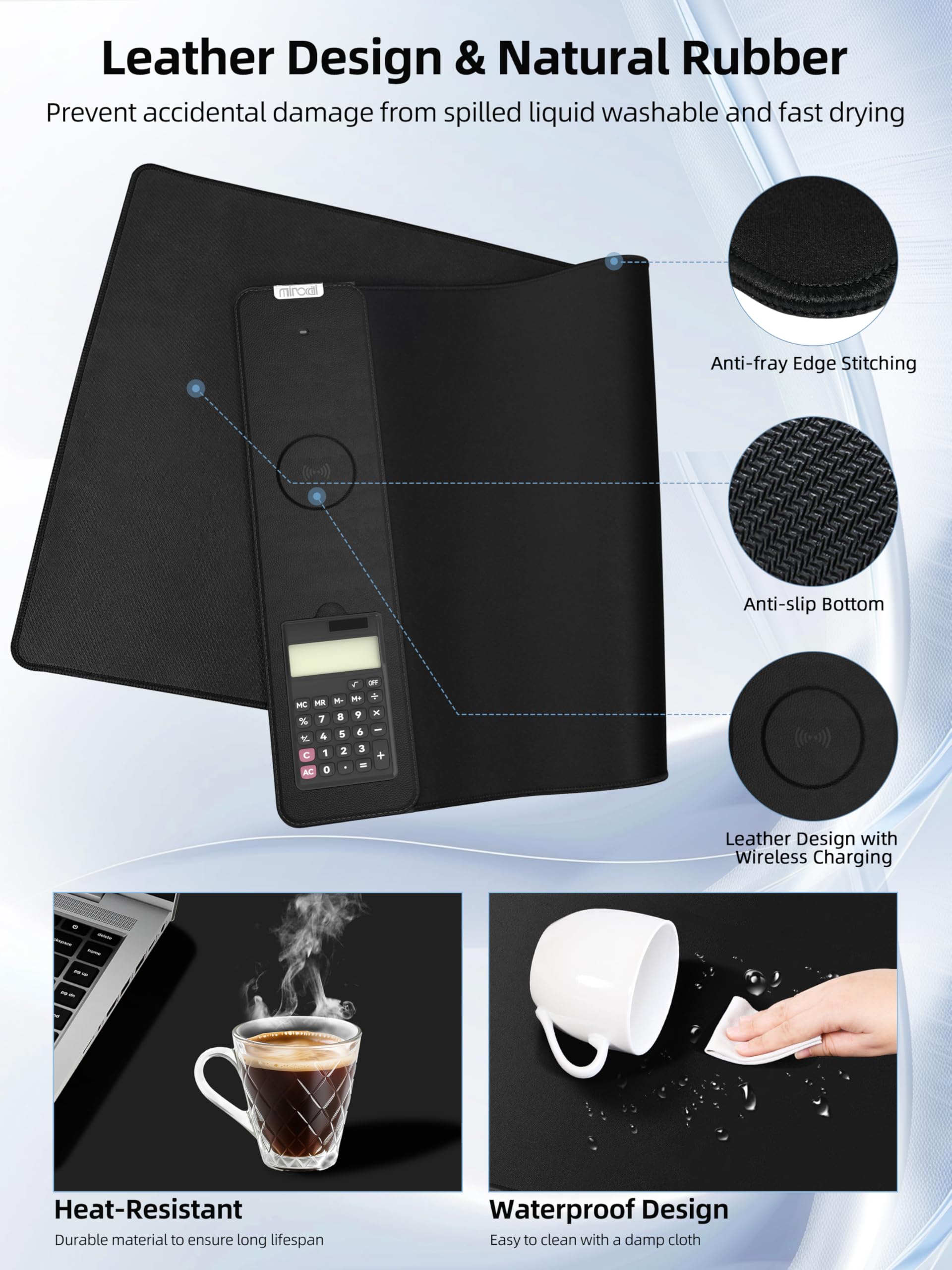 Tappetino per mouse 80 x 40 cm con calcolatrice, tappetino da scrivania magnetico con ricarica wireless da 15 W, tappetino da scrivania XXL per casa e ufficio, grande tappetino per tastiera con