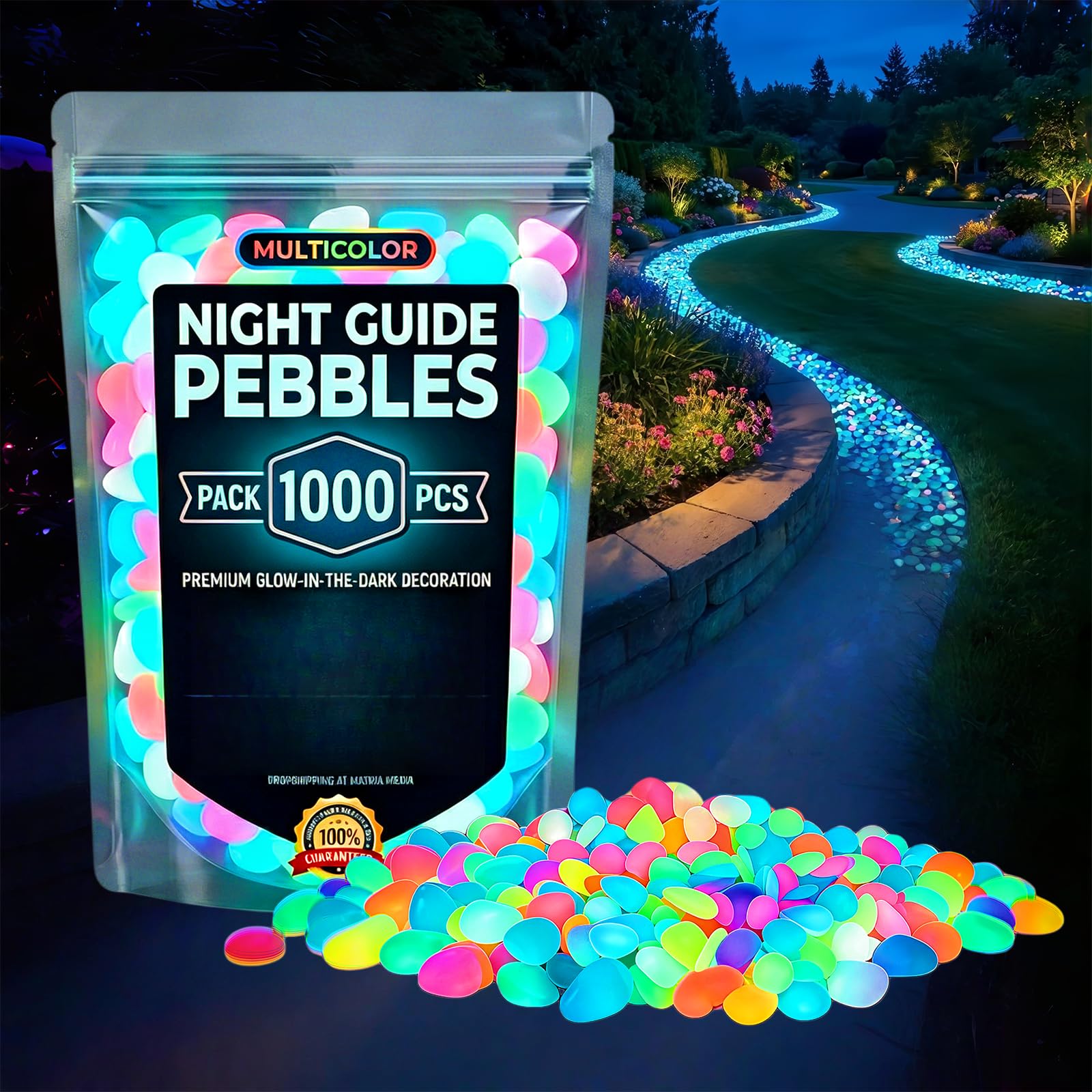 Colorful Glow in the Dark Pebbles 1000pcs – Night Guide Luminous Garden Stones Rocks for Walkways Outdoor Landscaping & Stepping Yard Decor – Aquarium Fish Tank Decorations (Multi,1000Pcs)