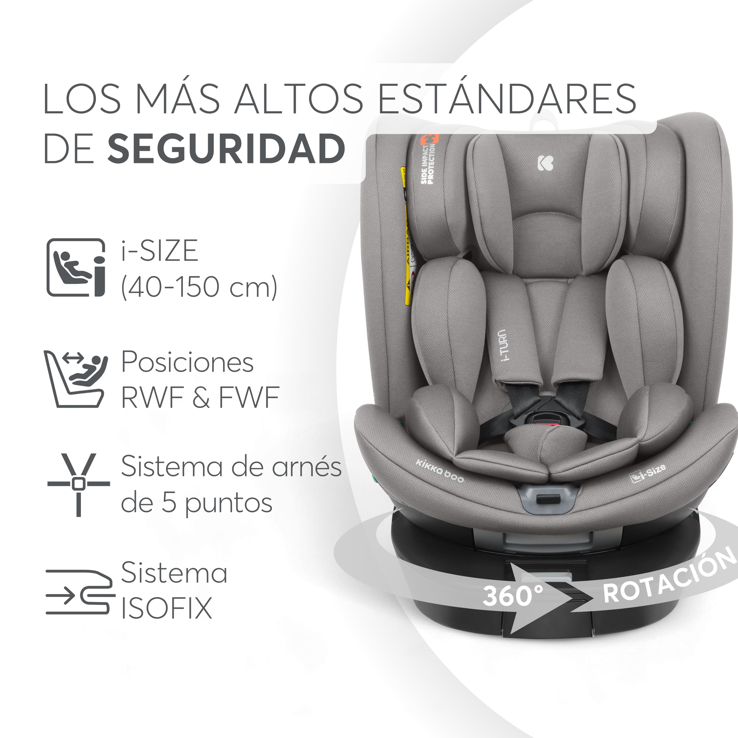 KikkaBoo Silla de Coche i-Size i-TURN, 40-150 cm, Silla Coche Bebé Grupo 0 1 2 3 ISOFIX, de 0 a 12 años, Giratoria 360°, 12 Posiciones Reposacabezas, Sistema SPS, Cojín Reductor, Gris Claro