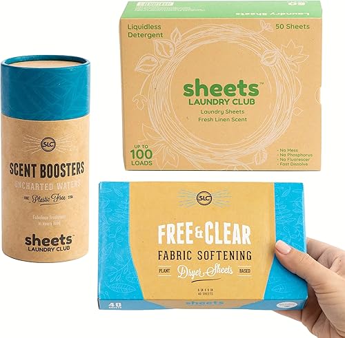 Sheets Laundry Club - Kit de lavandería todo en uno.- Ligero - Disfruta de 50 hojas de lavandería de lino fresco de disolución rápida, tubo