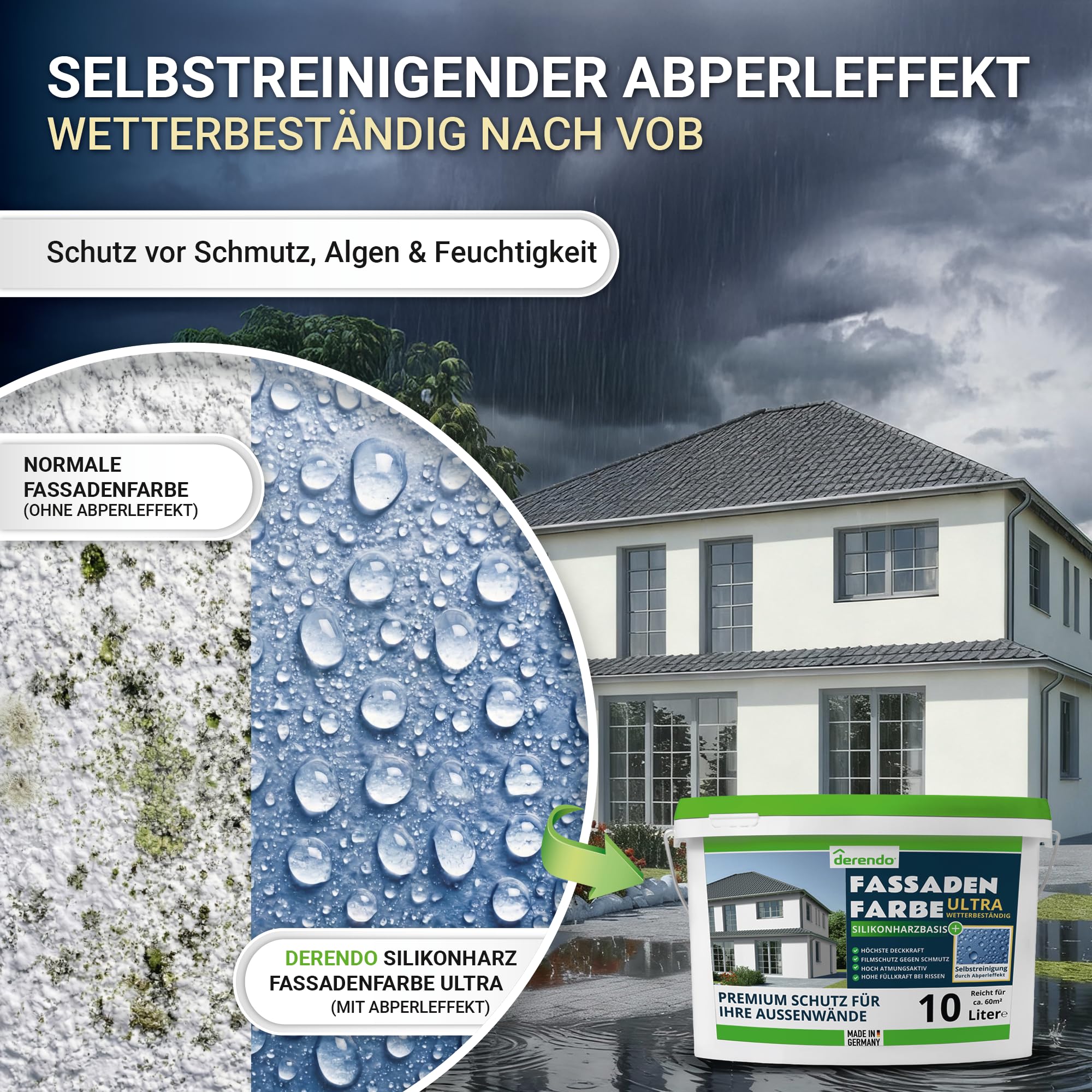 derendo Silikonharz Fassadenfarbe ULTRA Wetterschutz Altweiss 10 l aussen Fassade Silikonharzfarbe Abperleffekt Lotus Blatt Fassadenschutz Schmutzabweisende Silikonharzbeschichtung