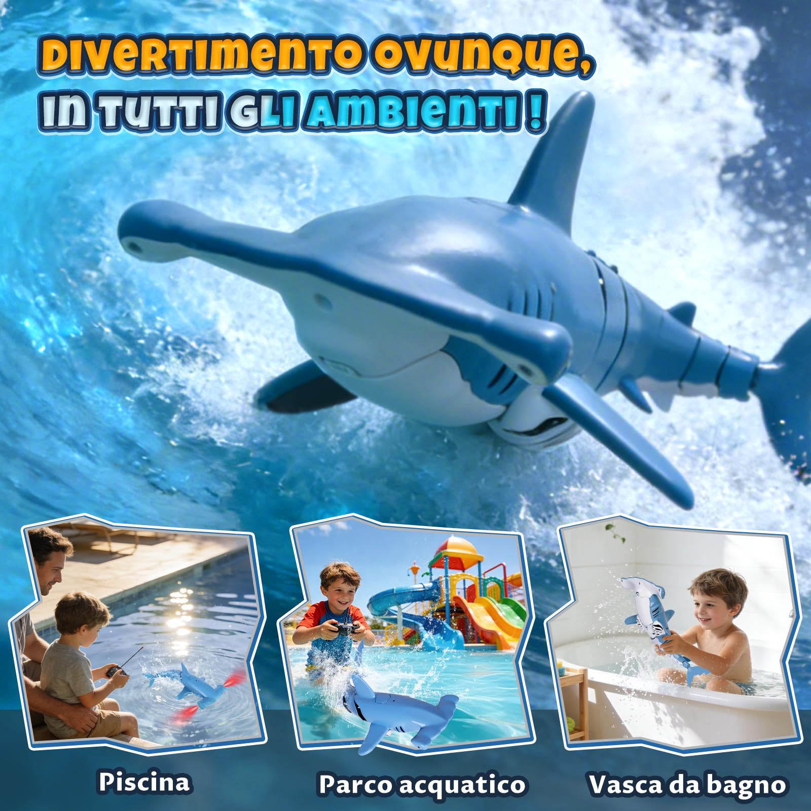 Squalo Telecomandato con Funzione di Immersione, 2.4GHz RC Squalo con Luci LED, Giocattolo Squalo Subacqueo per Piscina e Vasca da Bagno, Regalo per Bambini 6+ Anni Ragazzo Ragazza (Blu)