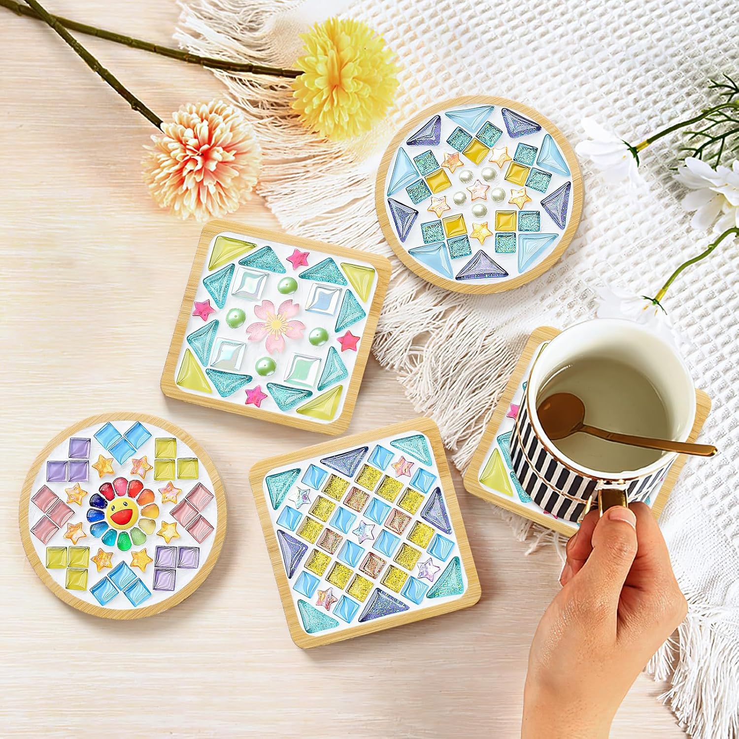 EUROXANTY Dessous De Verre En Céramique Avec Motif Mosaïque - Base En Liège Antidérapante - Lot Unique