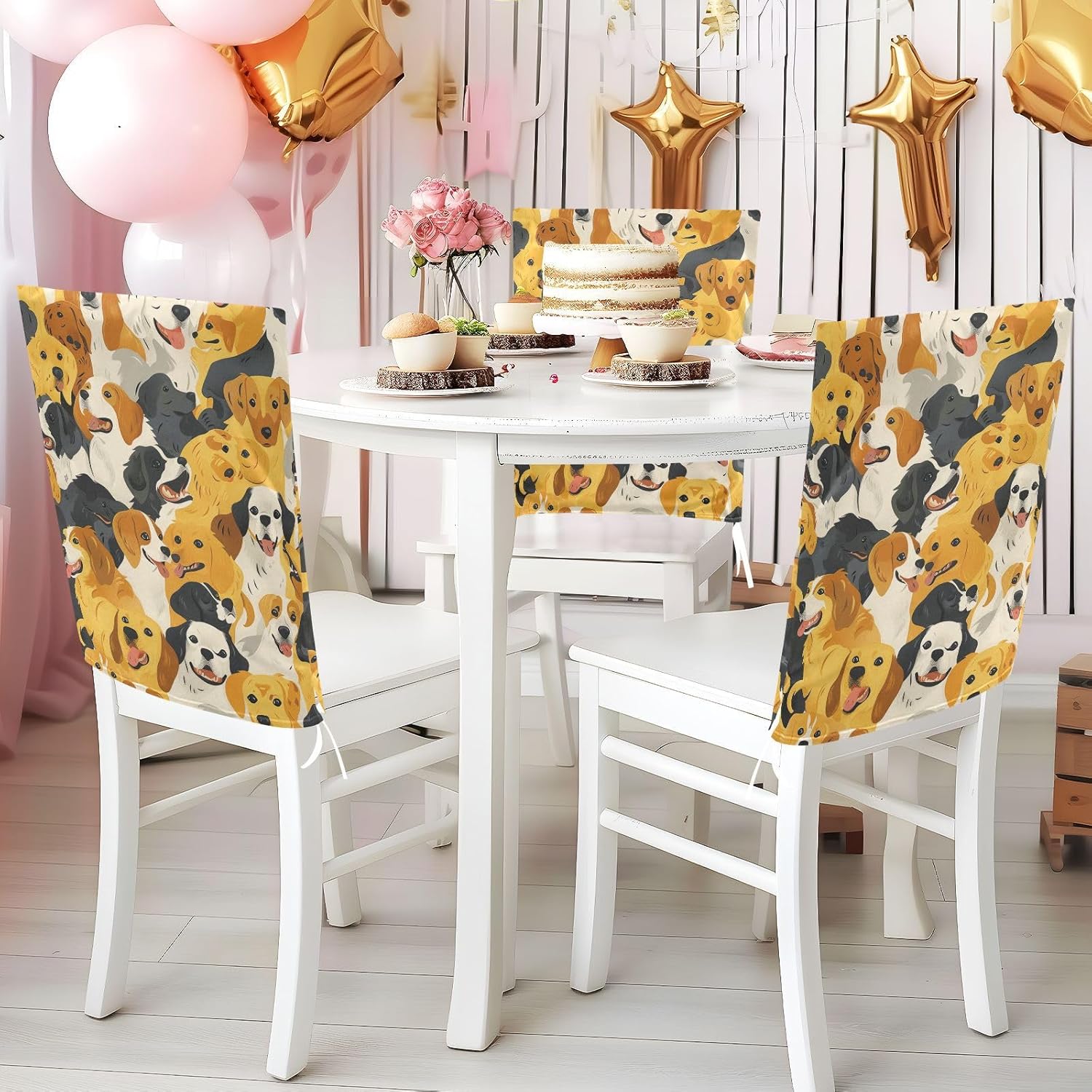 ALAZA Cute Colorful Dogs Chair Back Cover Set of 6, Washable Reusable Removable Chair Slipcovers Decorative Chair Cover for Home Kitchen Wedding Party