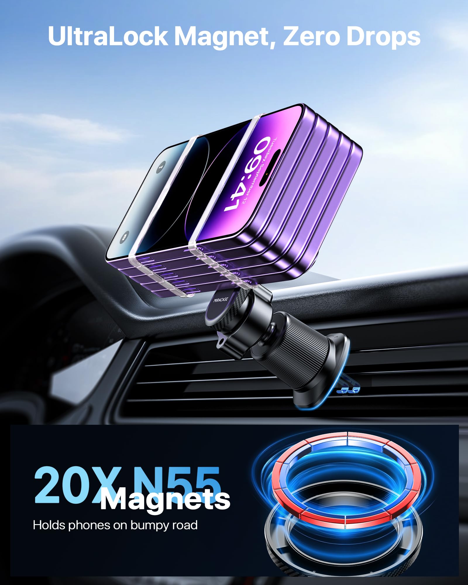 Miracase for MagSafe Car Mount【Won’t Block Vent & 20 Strongest Magnets】 Magnetic Phone Holder for Car Phone Holder Mount Dash for Car Accessories for Women Men for iPhone 17 Pro Max Air 16 15 14 13 12 — view 5