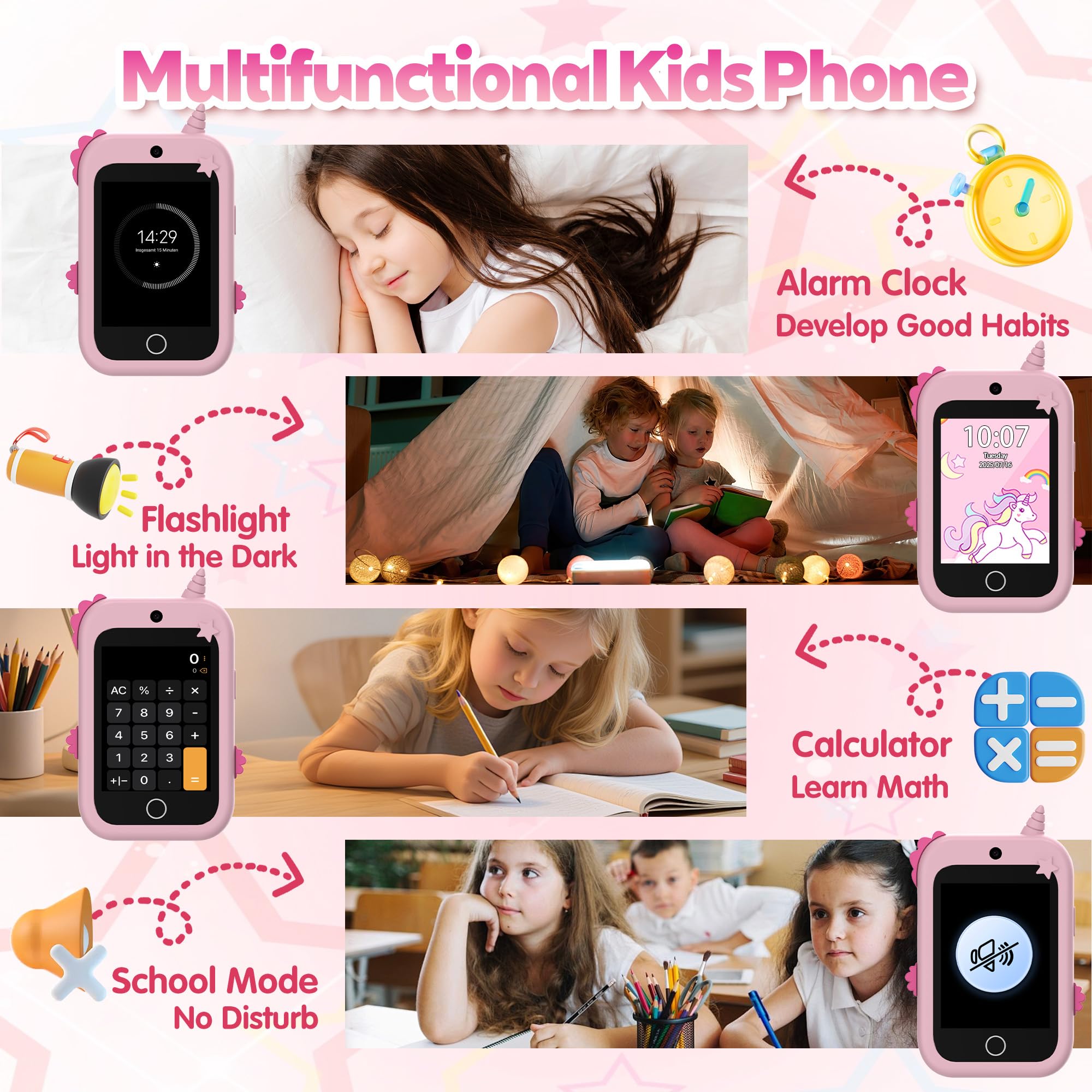 4G Telefono per Bambini GPS Videochiamata Chiamate Contapassi Fotocamera | Telefono Giocattolo per Bambini Modalità Scuola Sveglia, Touchscreen Cellulare per Bambino per Ragazzo e Ragazza Regalo