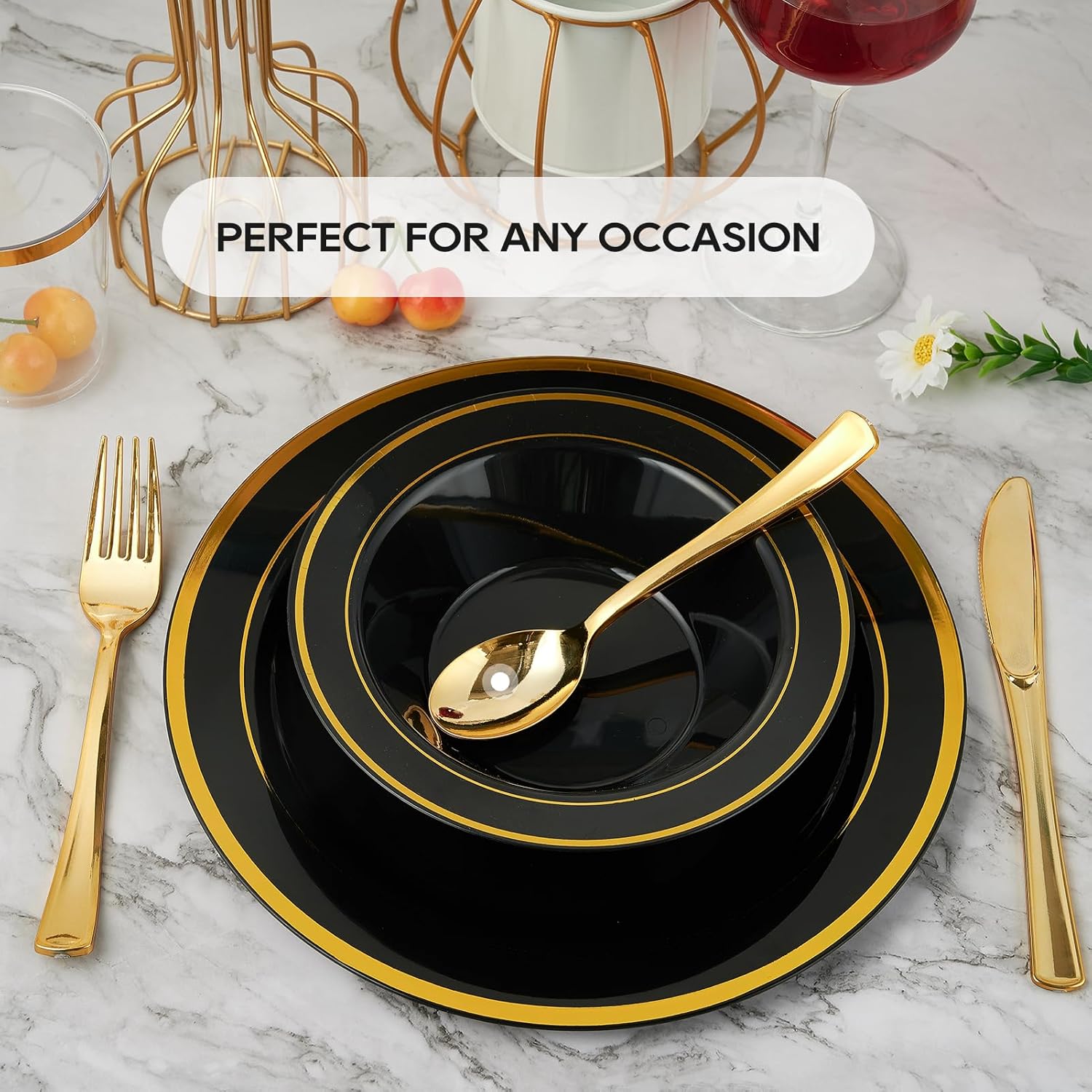 JOLLY PARTY 100PCS Black Plastic Bowls with Gold Rim-12oz Disposable Soup Bowls, Christmas Thanksgiving Premium Dessert Salad Bowls for Wedding/Party/Halloween