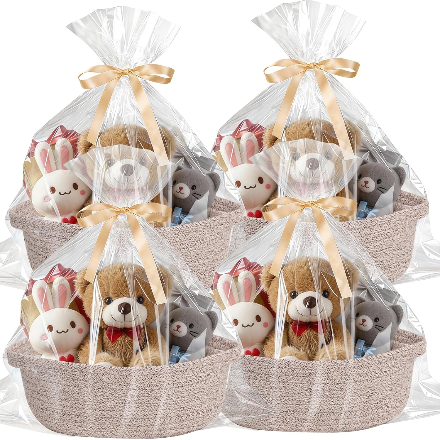 Small Basket with Gift Bags and Ribbons，Small Woven Basket Cute Oval Cotton Rope Gifts with Handle Empty Baby Wicker Storage Basket for Baby Showers Pet Toy Bin (4 Pack (12"x 8"x 3.74"))