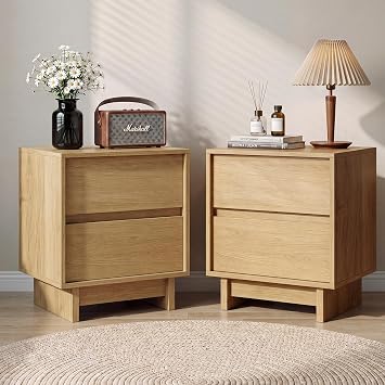 SINROM Nightstands Set of 2, Mid Century Night Stand with 2 Drawers, Oak Nightstand Bedside Table Set of 2, End Table for Bedroom