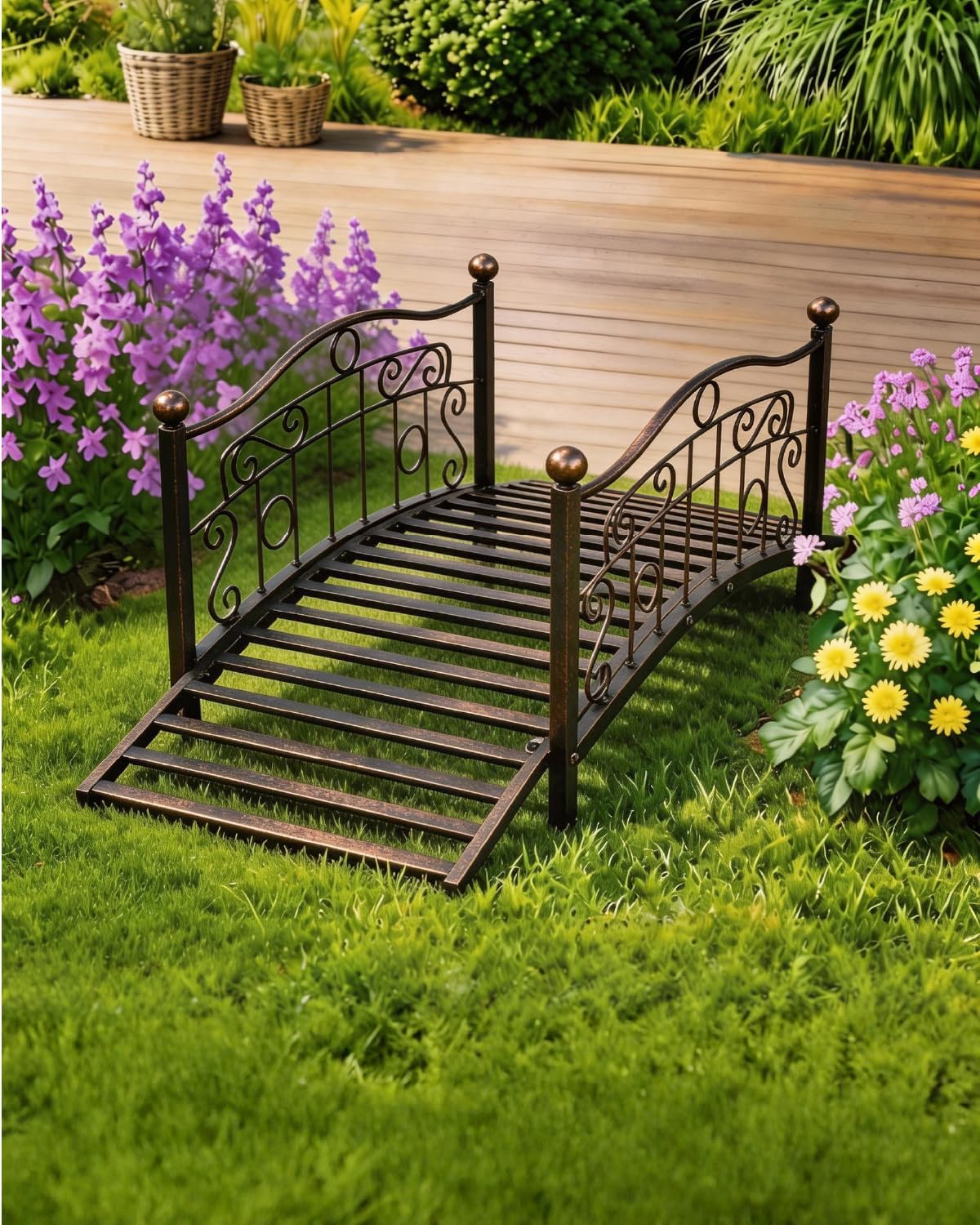 Outvita 3.3FT Bronze Metal Garden Bridge for Outdoor, Elegant Decorative Bridge with Powder-Coated Finish and Security Guardrail for Patio Pond Backyard Landscaping