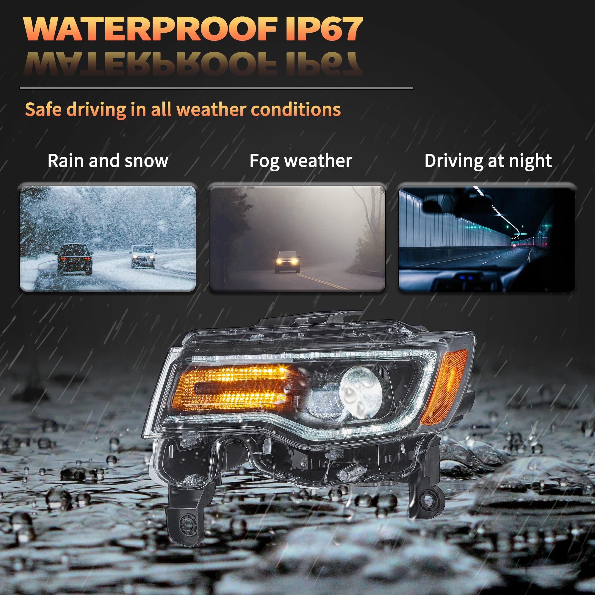 VLAND Reflektor Full LED Grand Cherokee WK2 2014-2021, Lampy przedni z dynamicznym wyświetlaczem (Czarny)