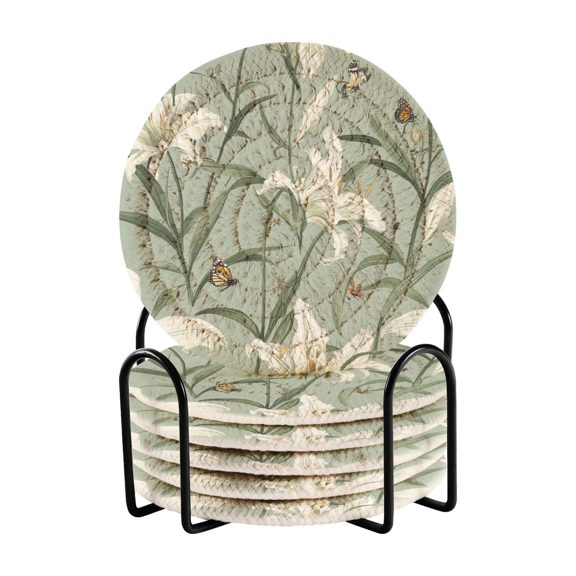 Vintage Lily Sage Green Cotton Rope Drink Coasters with Holder Set of 6 Home Coasters Home Decor