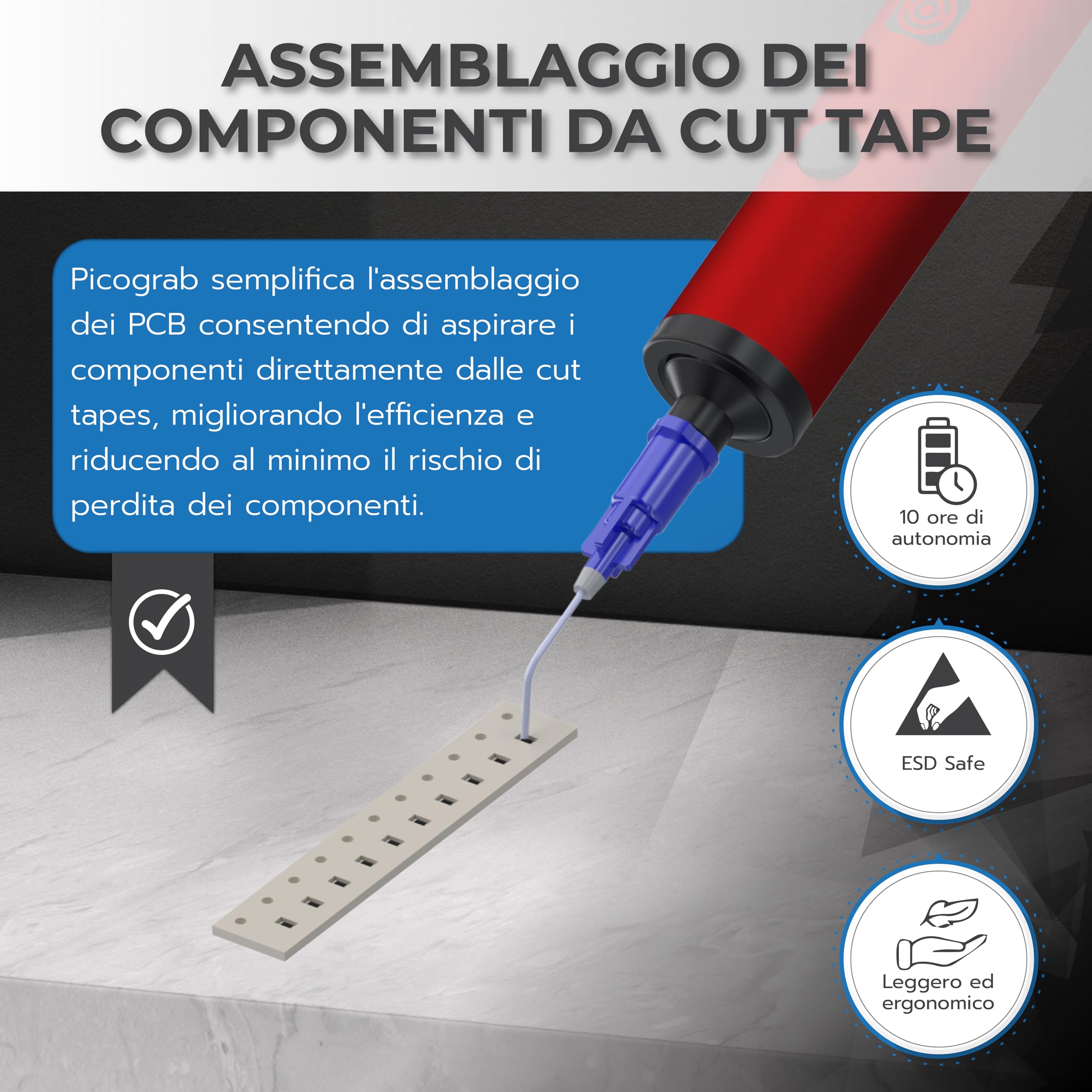 Penna a vuoto ESD ricaricabile per il posizionamento di componenti IC e la riparazione SMD, con 3 ventose, 6 ugelli intercambiabili, corpo in alluminio, porta USB-C e fino a 10 ore di batteria.