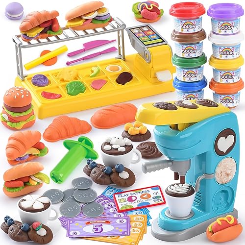 PLAY Juegos de masa de color para niños de 2-4, 4-8, juegos de masa de juguete para cocina, café, herramientas de masa de juego, juego de cafetera