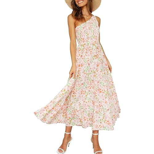 ANRABESS Women's 2023 Summer Bohemian One Shoulder Sleeveless Smocked Ruffle Tiered Beach Maxi Sun Dress