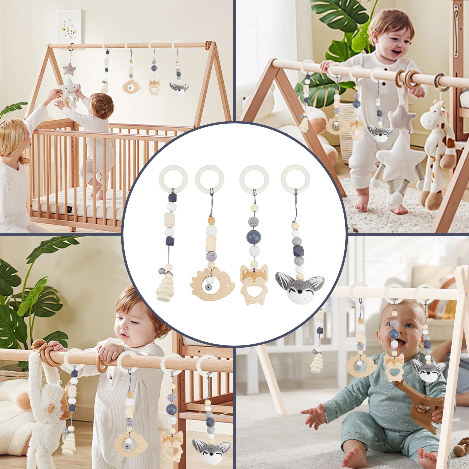 SKIKHN Arche D'Éveil Bébé En Bois - 4 Pièces Jouets Poussette Et Siège Auto Dès 0 Mois, Idéal Pour Stimulation Et Développement