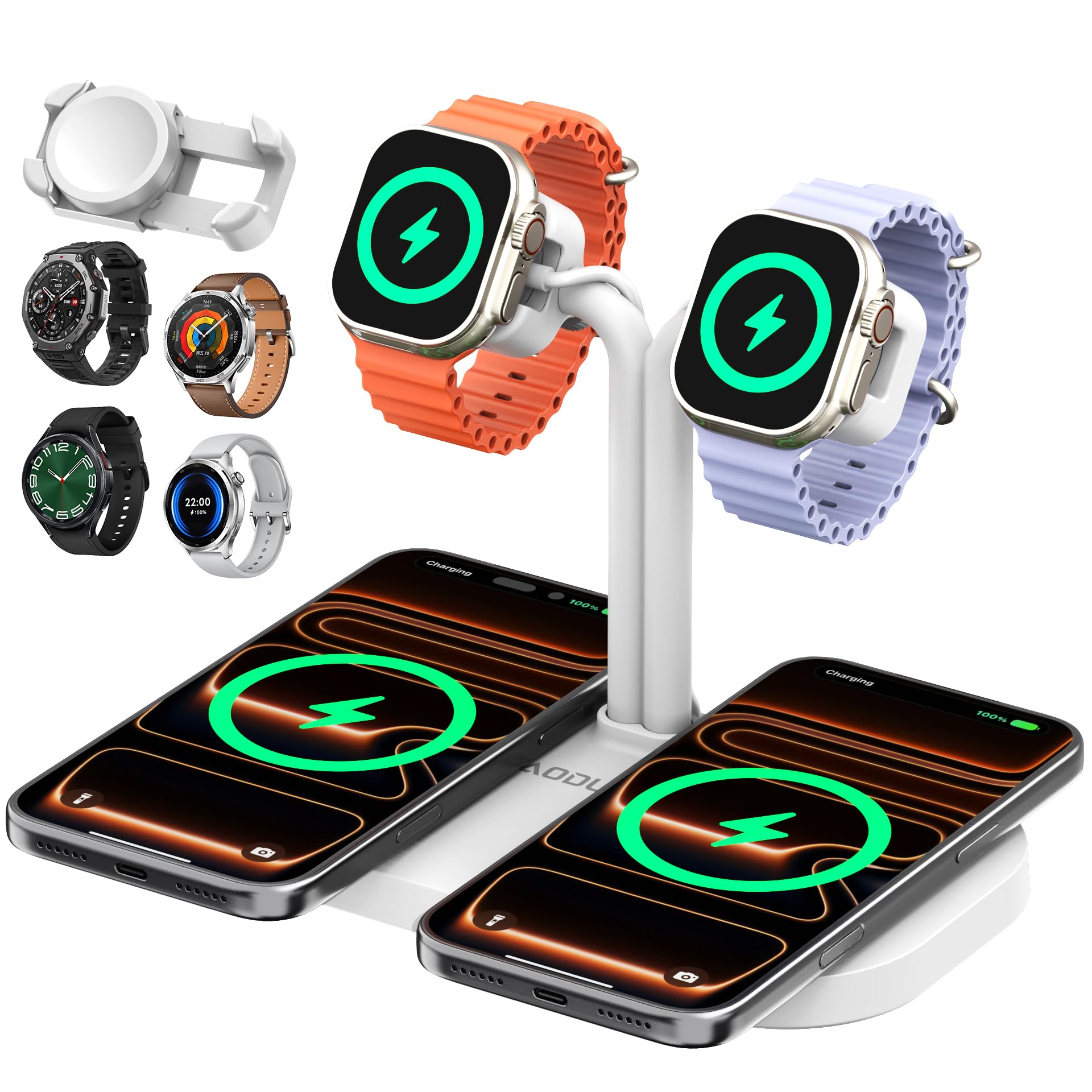 4-in-1 Dual Phone Wireless Charging Dock und Dual Watch Ladegerät Ständer für iPhone 17/16/15/14/12, für AirPods/Buds, für Samsung S25-S21 für iWatch/Galaxy/Pixel/Fitbit (422-W)
